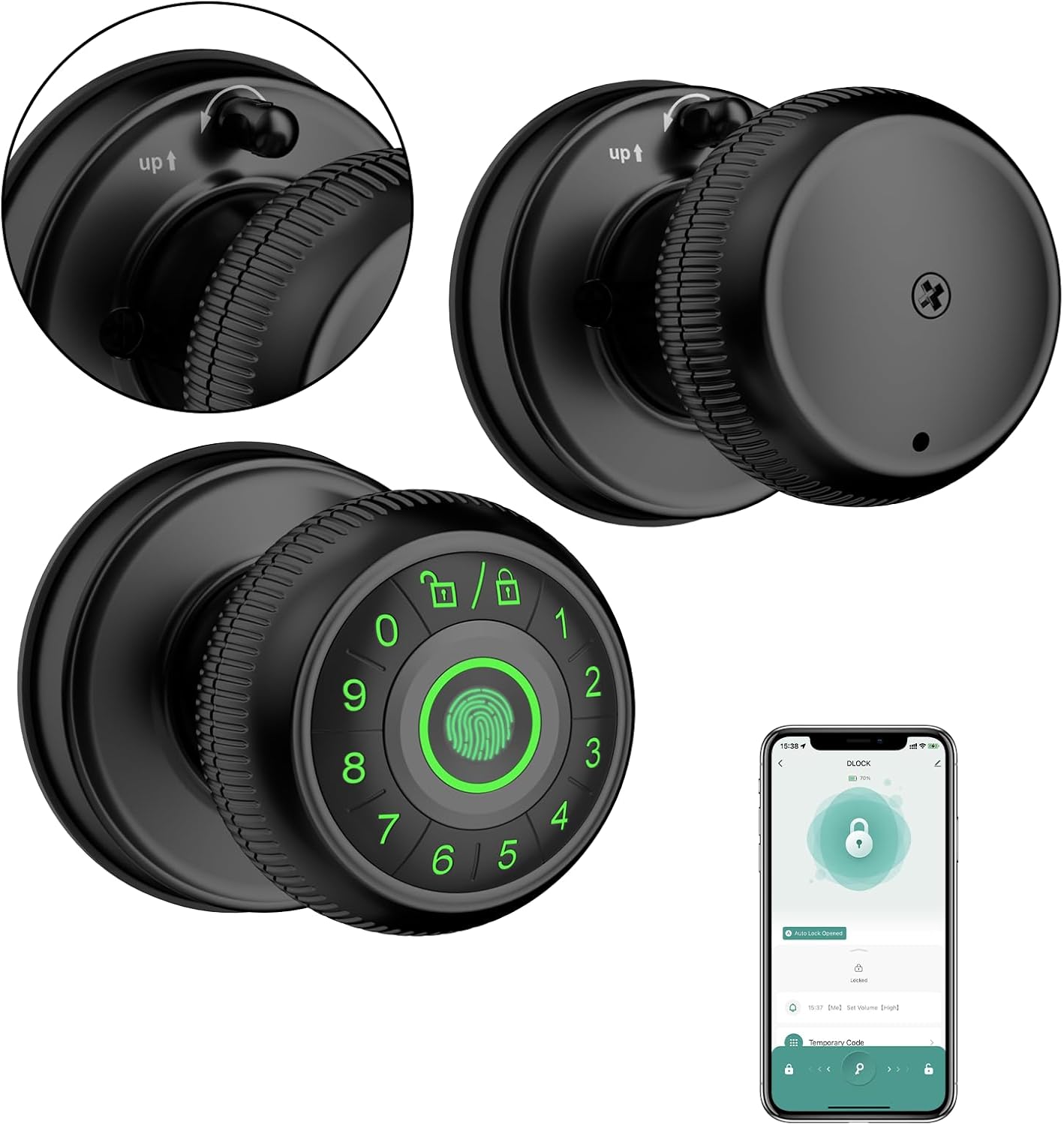 Matte Black Fingerprint Door Knob with Keypad & App Control - Smart Lock for Apartment, Bedroom, Office - Gavdhe