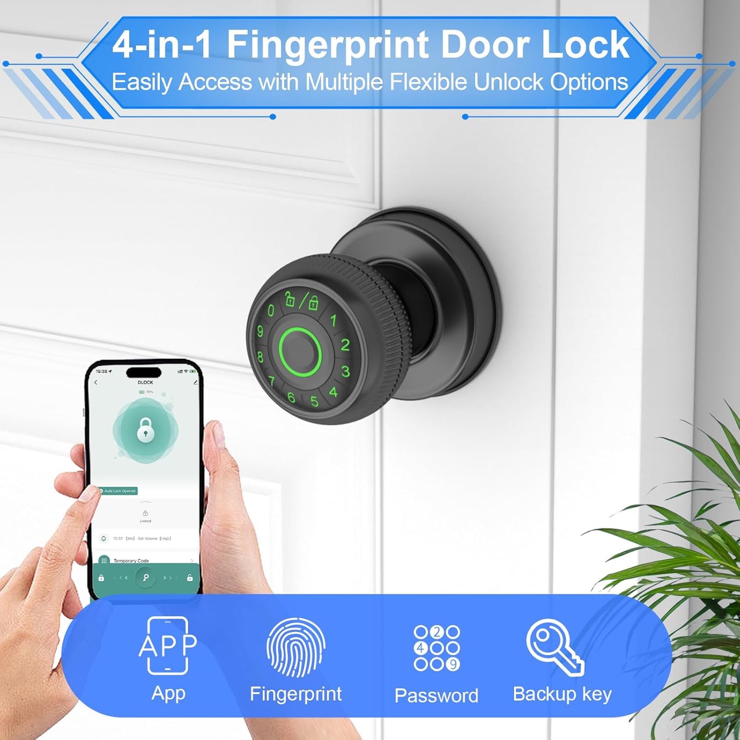Matte Black Fingerprint Door Knob with Keypad & App Control - Smart Lock for Apartment, Bedroom, Office - Gavdhe