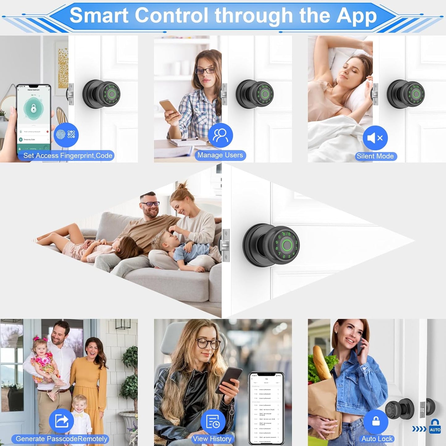 Matte Black Fingerprint Door Knob with Keypad & App Control - Smart Lock for Apartment, Bedroom, Office - Gavdhe