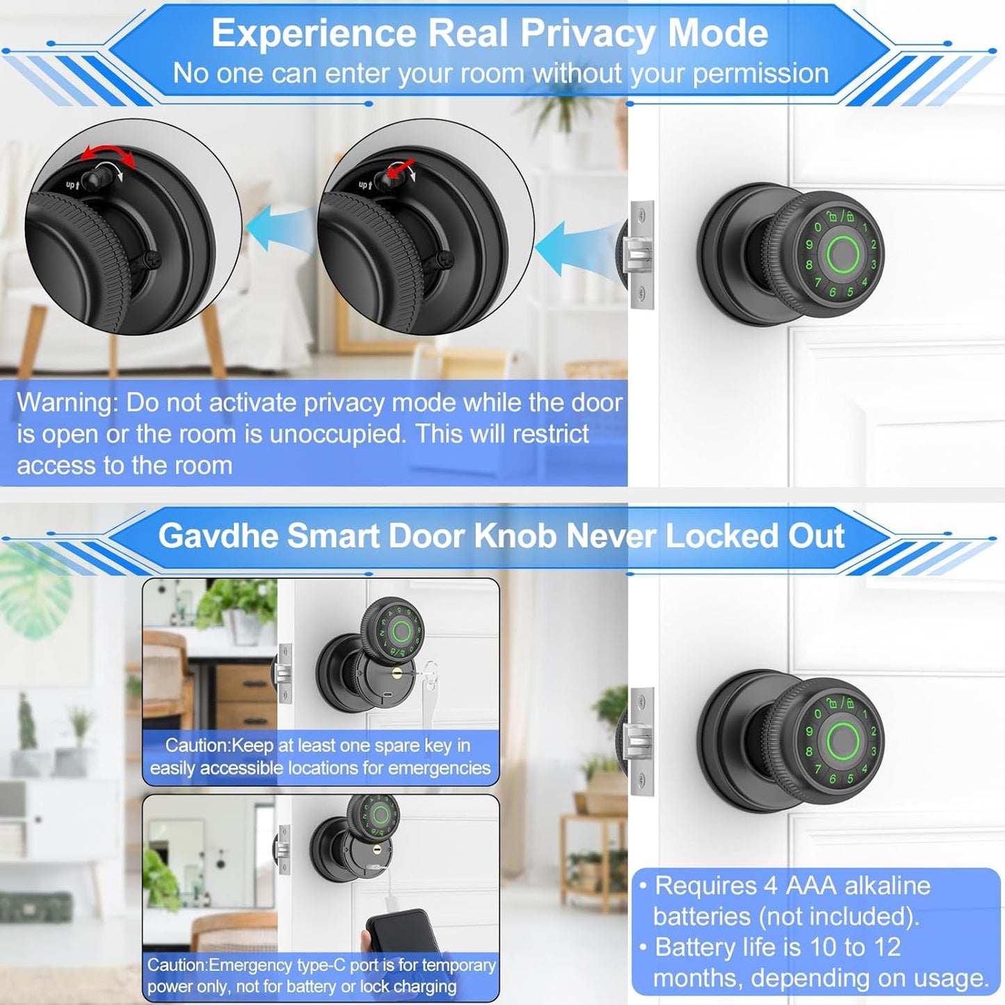 Matte Black Fingerprint Door Knob with Keypad & App Control - Smart Lock for Apartment, Bedroom, Office - Gavdhe