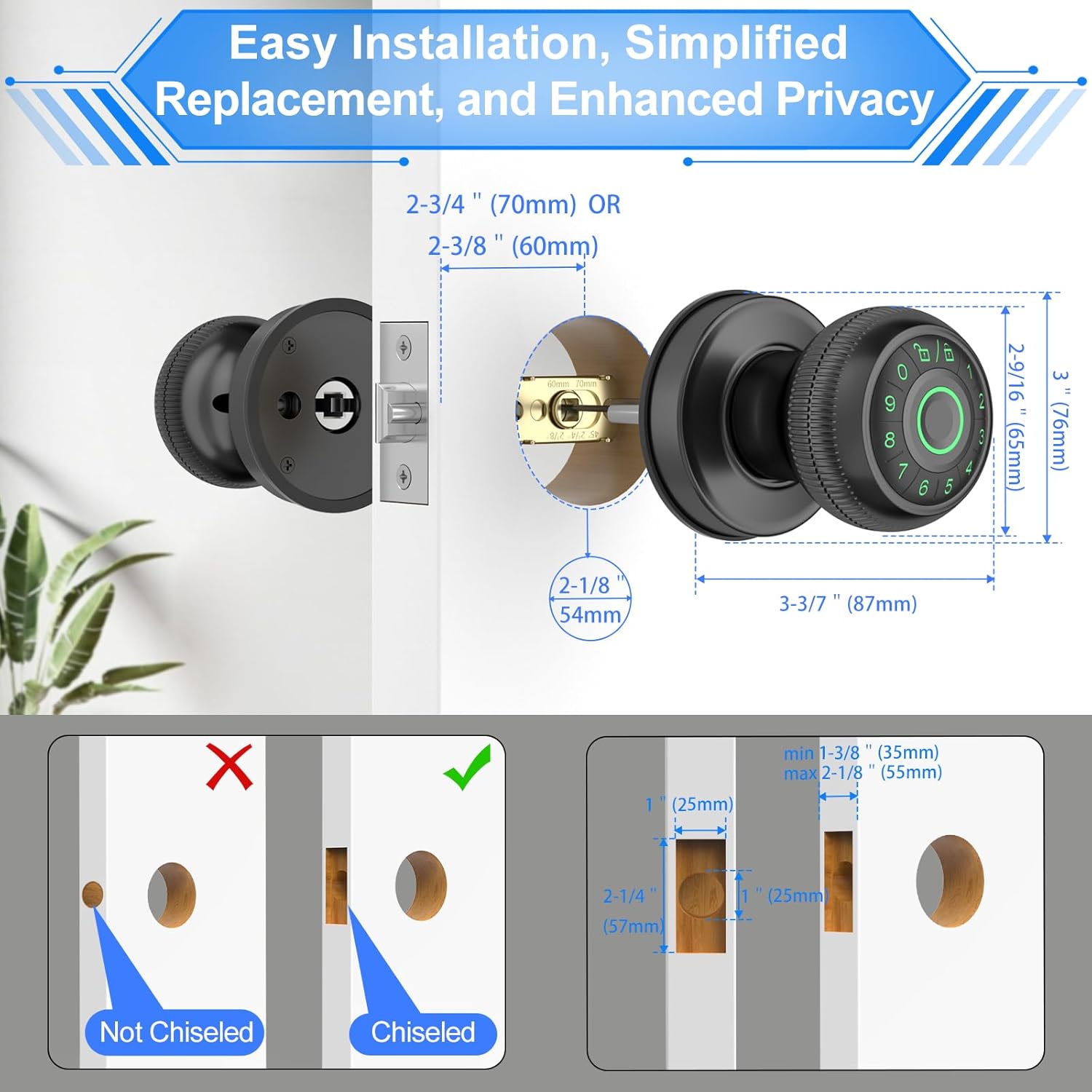 Matte Black Fingerprint Door Knob with Keypad & App Control - Smart Lock for Apartment, Bedroom, Office - Gavdhe