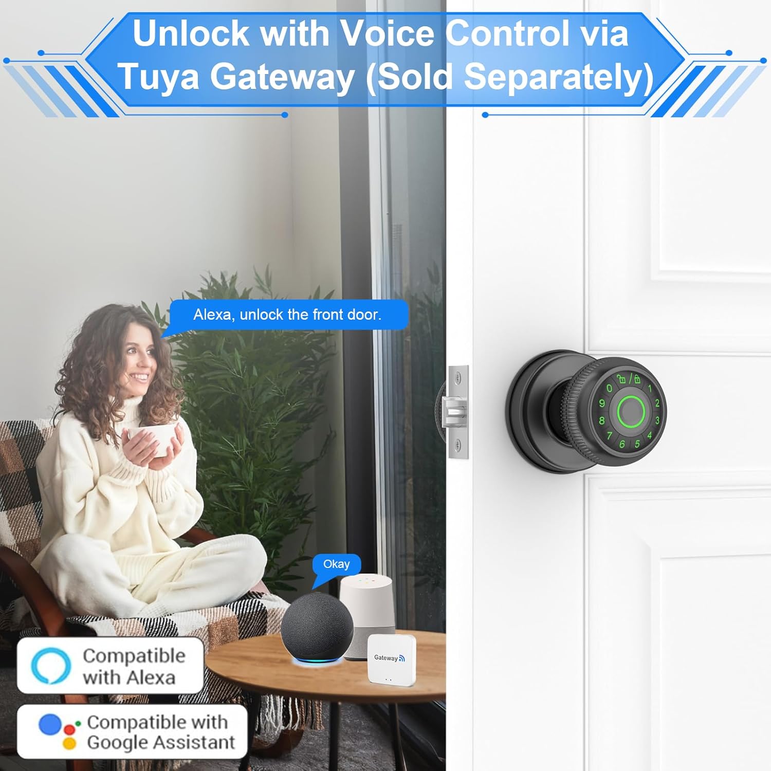 Matte Black Fingerprint Door Knob with Keypad & App Control - Smart Lock for Apartment, Bedroom, Office - Gavdhe