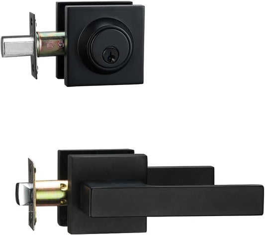 Matte Black Front Door Locksets with Deadbolt, Exterior Lever, Combination Lock - Black Handles