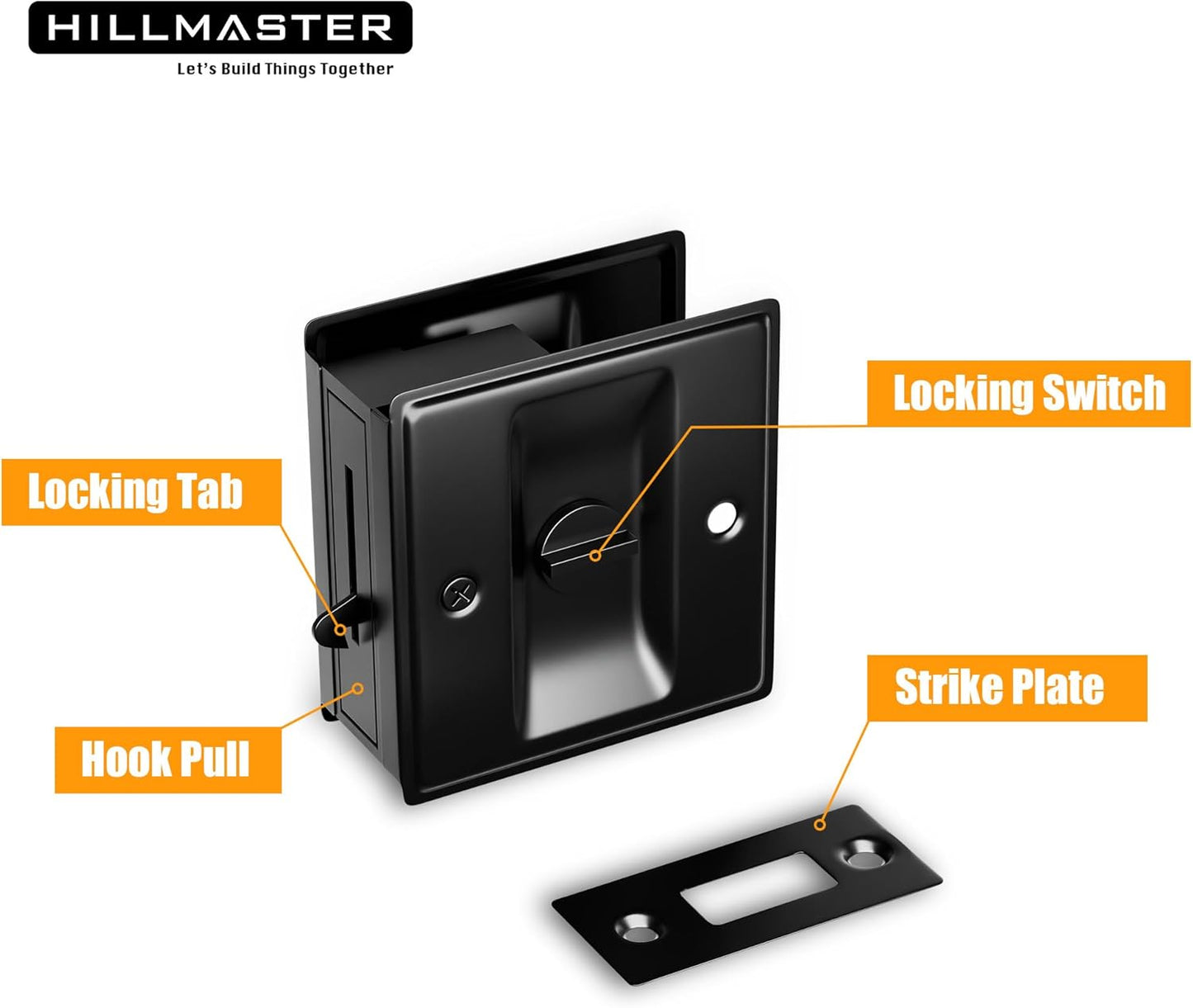 Matte Black Hillmaster Privacy Pocket Door Lock Pull - Solid Brass Sliding Door Hardware for 1-3/8” Thickness Door - Black Finish, 1 Pack