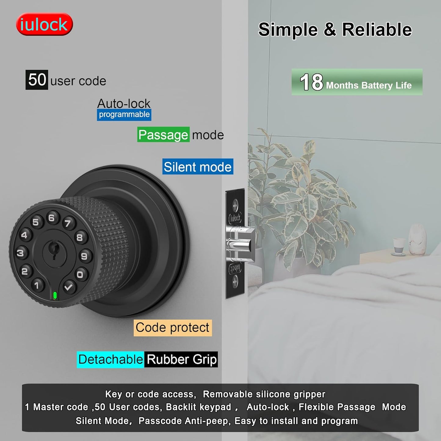 Matte Black iulock Smart Door Lock with Keypad, Waterproof, Auto Lock, 50 User Codes - WildKart