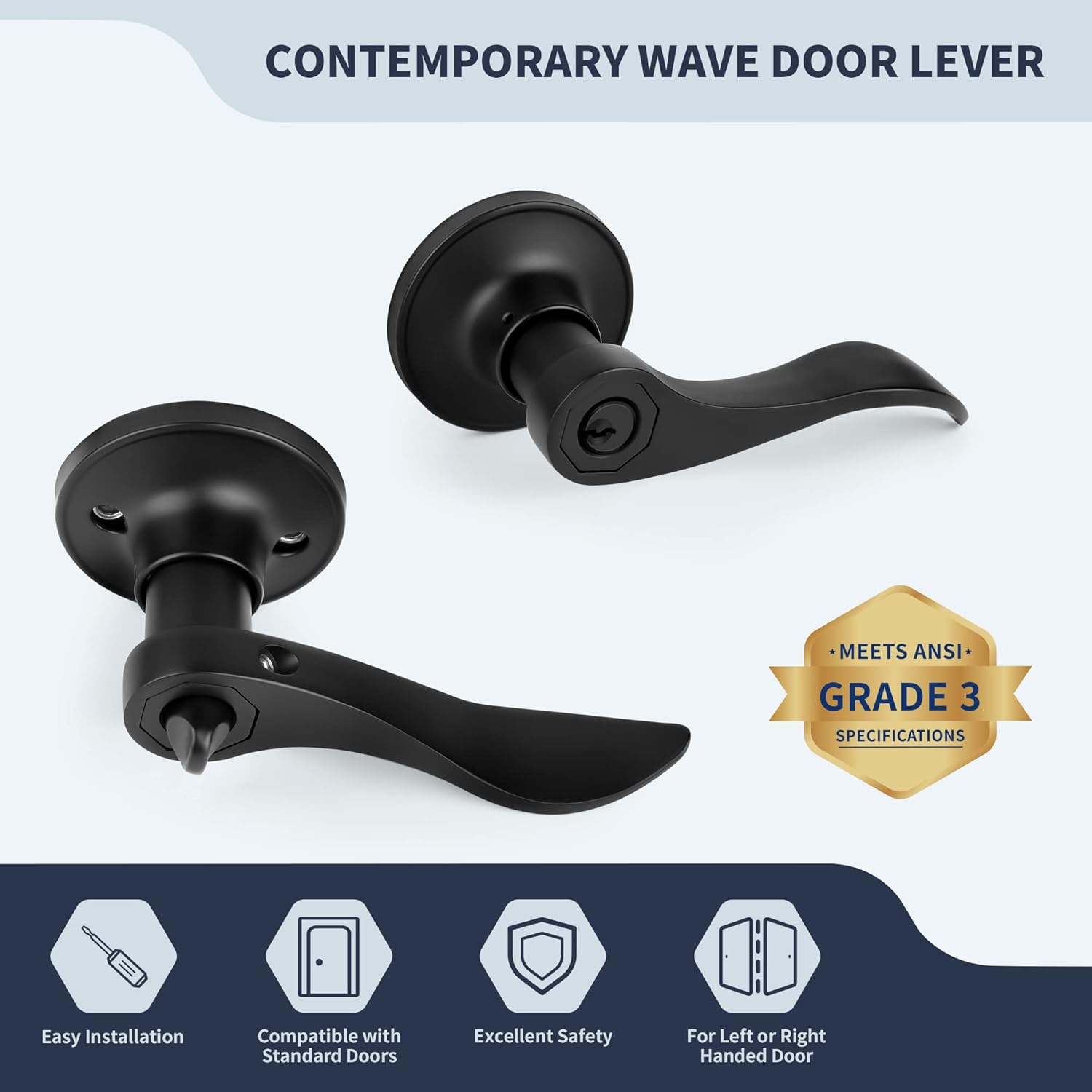 Matte Black Keyed Entry Wave Style Door Lever Handle for Office or Front Door - Reversible for Left/Right Handed - 1 Pack