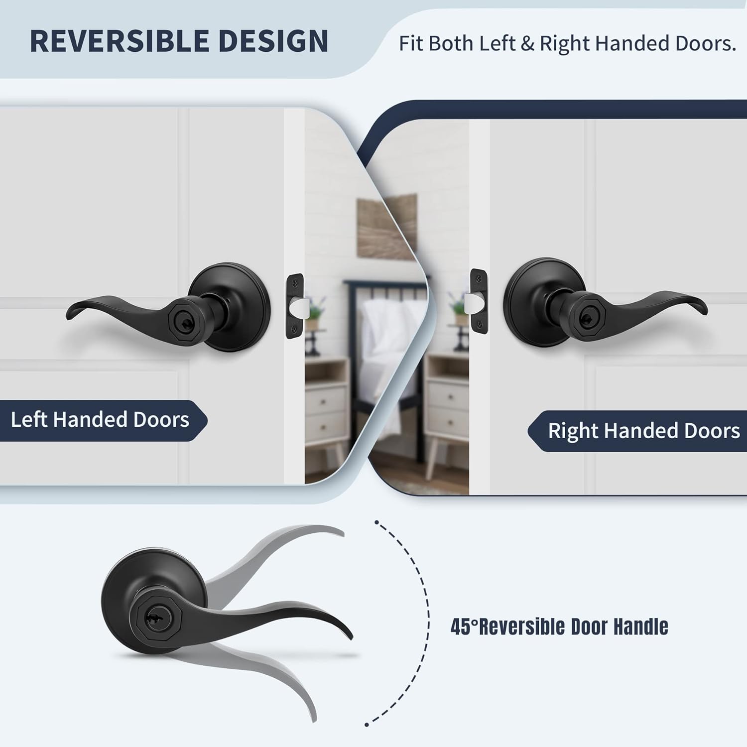 Matte Black Keyed Entry Wave Style Door Lever Handle for Office or Front Door - Reversible for Left/Right Handed - 1 Pack