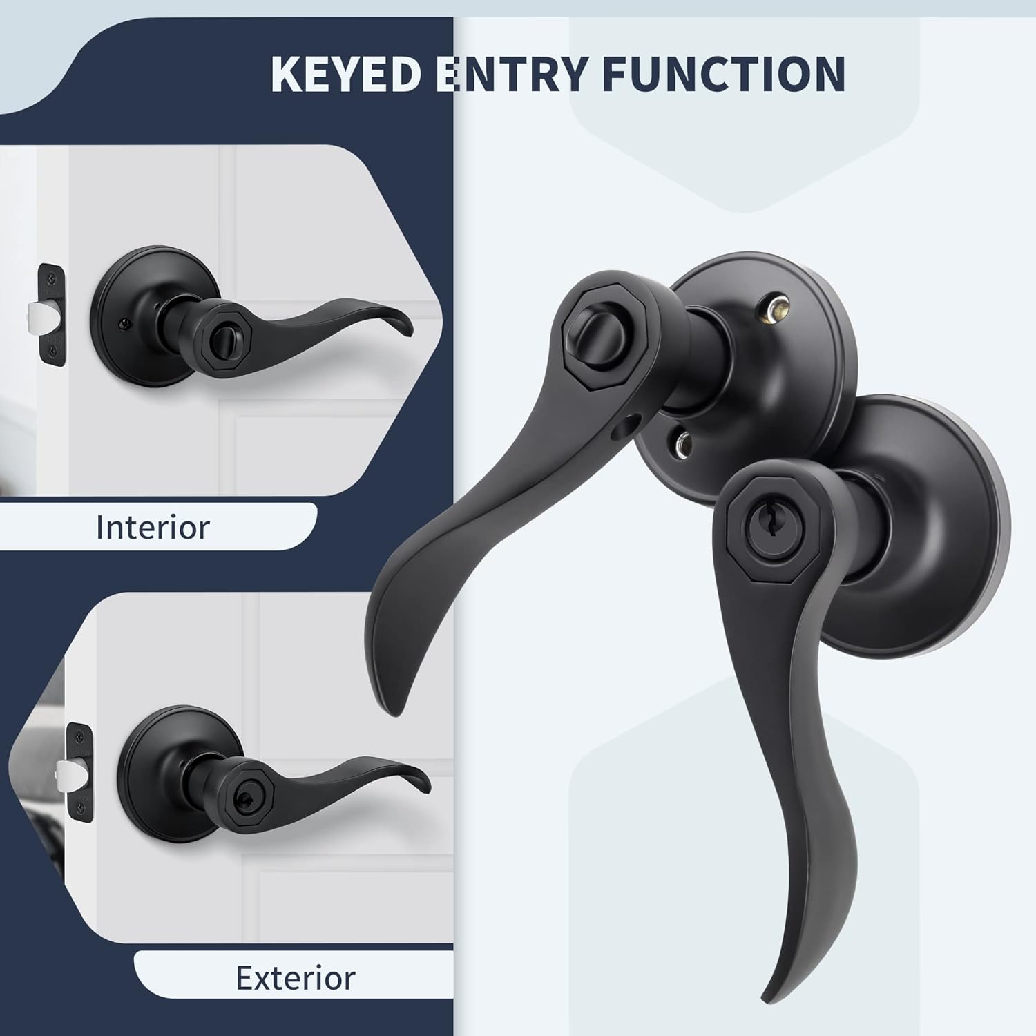 Matte Black Keyed Entry Wave Style Door Lever Handle for Office or Front Door - Reversible for Left/Right Handed - 1 Pack