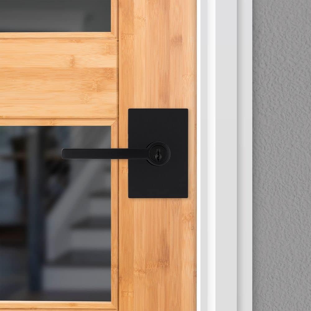 Matte Black Kwikset Halifax Entry Door Handle with Secure Keyed Reversible Lever, Smartkey Rekey Security and Microban Protection