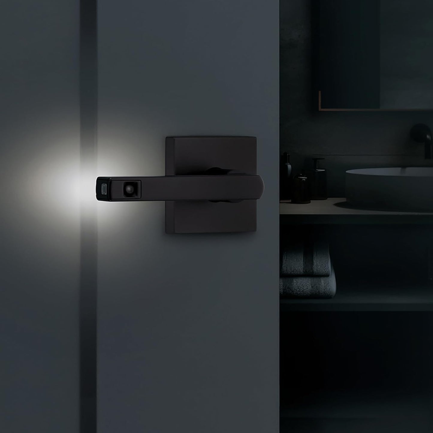 Matte Black Kwikset Halifax LED Motion Activated Privacy Door Lever with Microban Protection