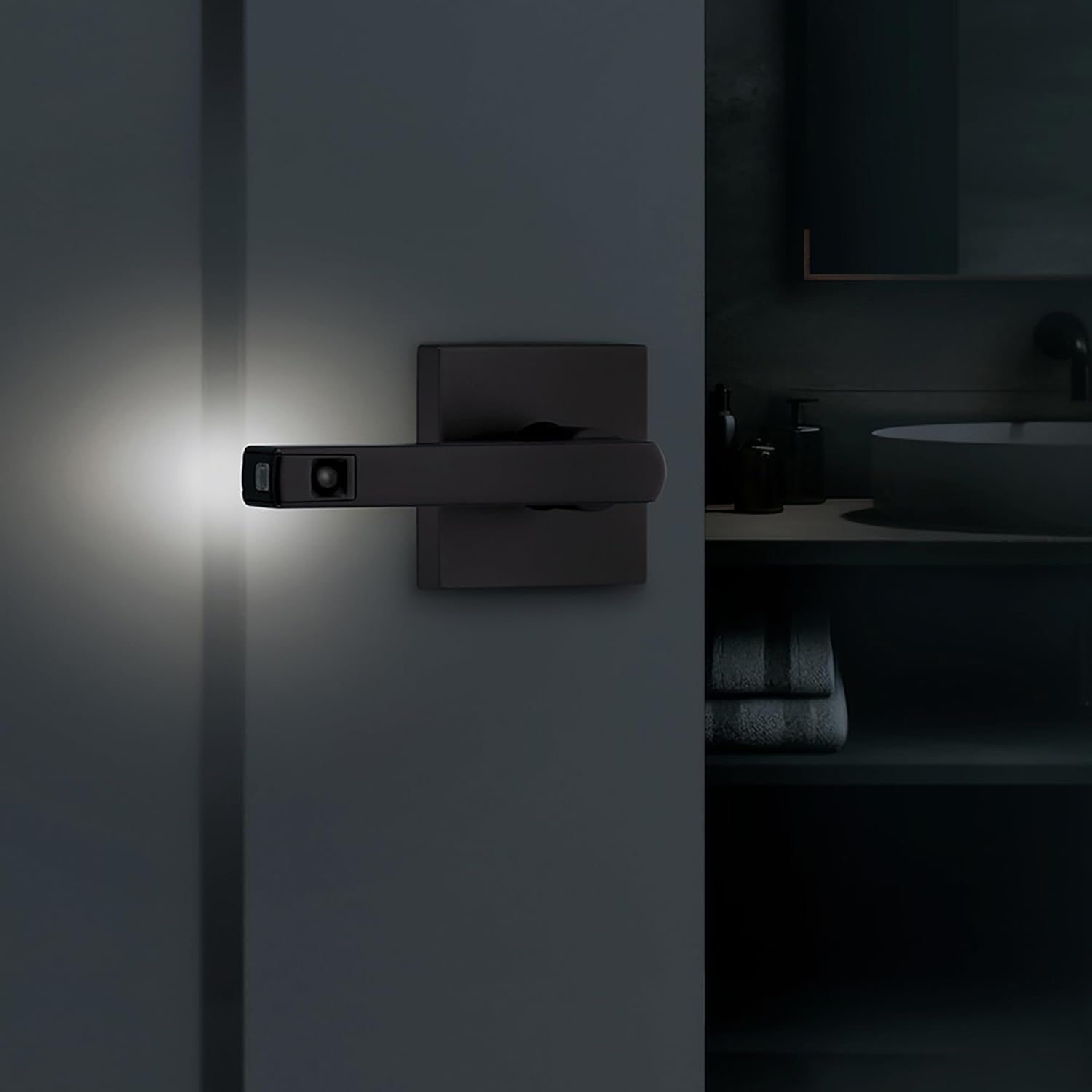 Matte Black Kwikset Halifax LED Motion Activated Privacy Door Lever with Microban Protection