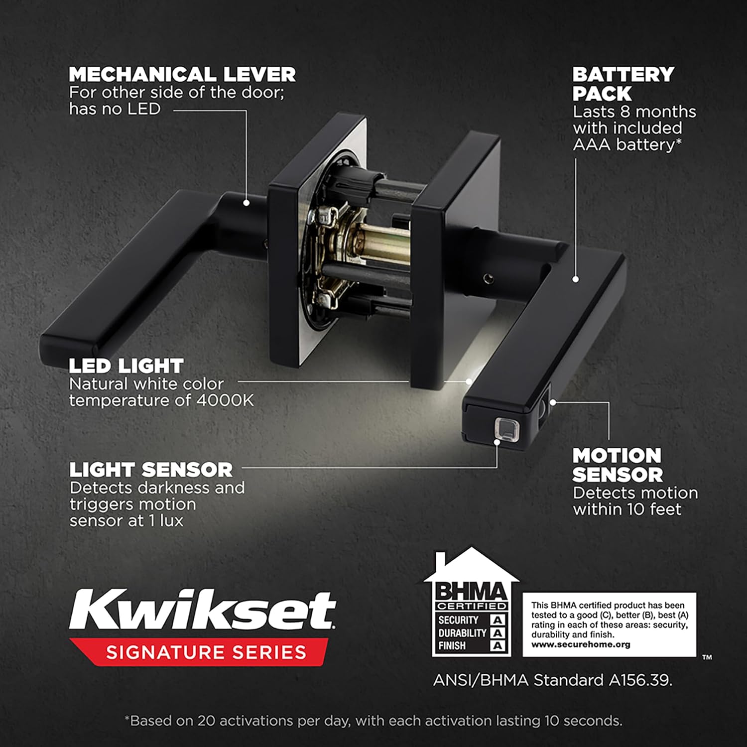 Matte Black Kwikset Halifax LED Motion Activated Privacy Door Lever with Microban Protection