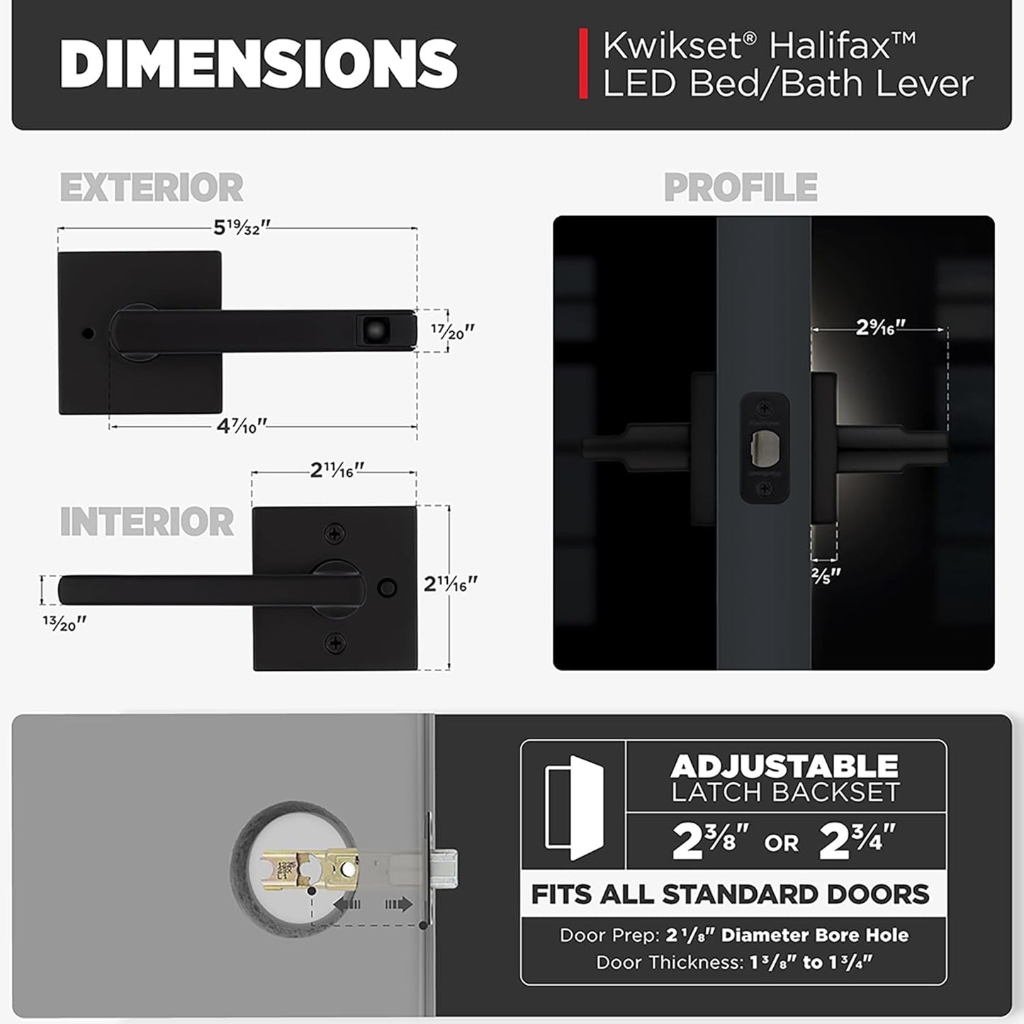 Matte Black Kwikset Halifax LED Motion Activated Privacy Door Lever with Microban Protection