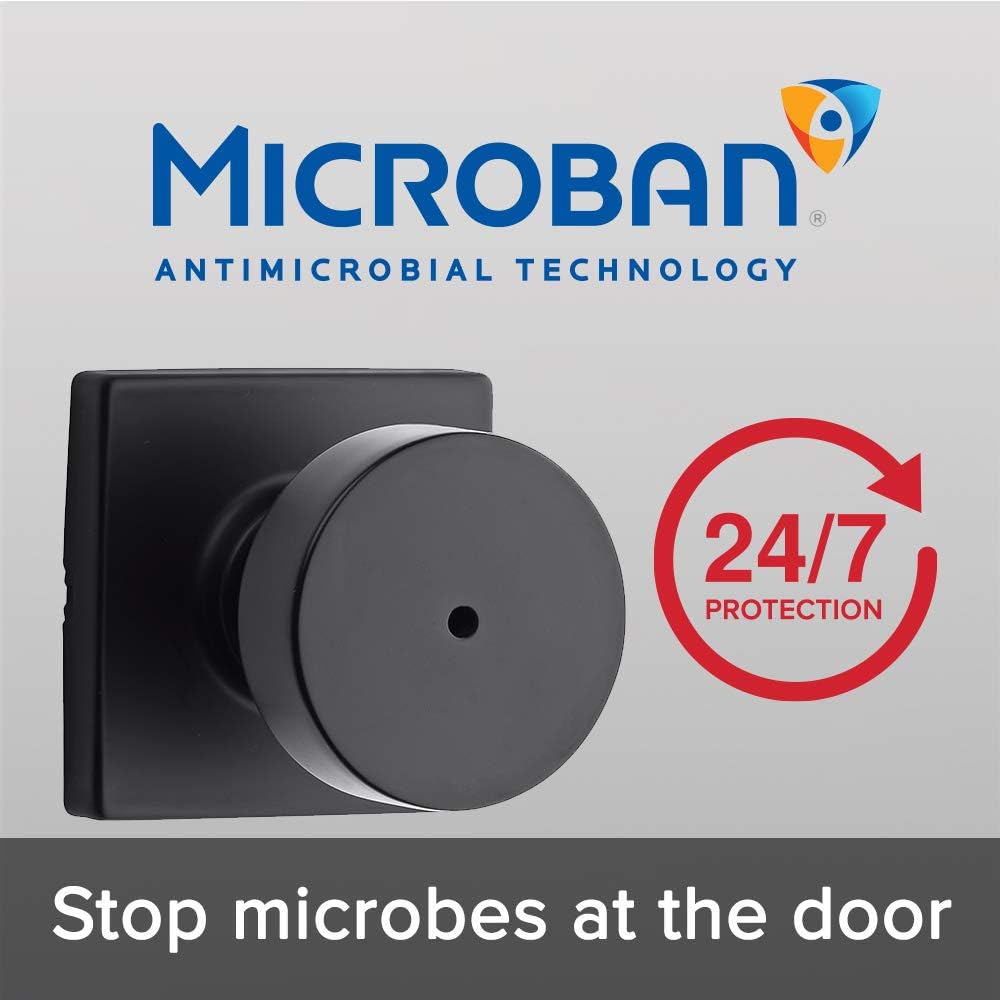 Matte Black Kwikset Pismo Door Knob with Keyless Lock for Bathroom and Bedroom, Square Rose Design, Microban Protection - WildKart