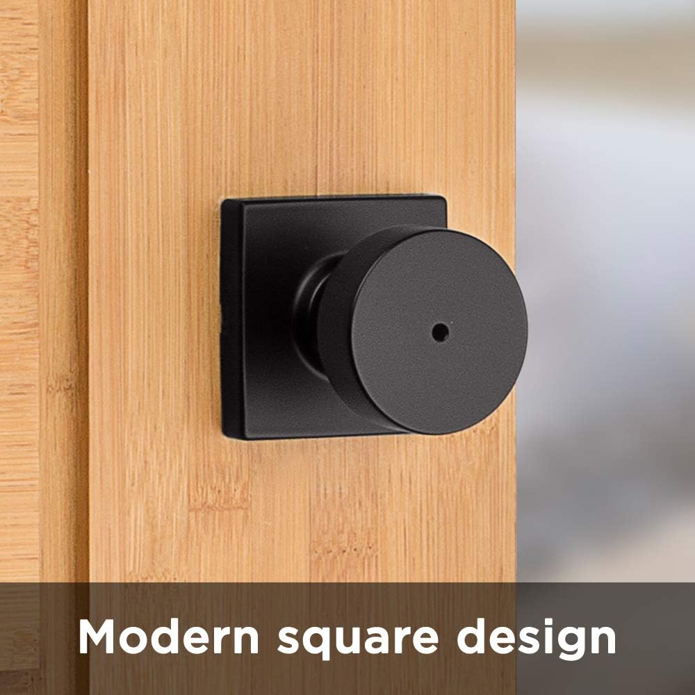 Matte Black Kwikset Pismo Door Knob with Keyless Lock for Bathroom and Bedroom, Square Rose Design, Microban Protection - WildKart
