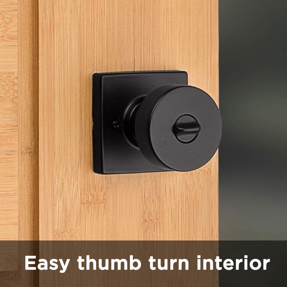 Matte Black Kwikset Pismo Door Knob with Keyless Lock for Bathroom and Bedroom, Square Rose Design, Microban Protection - WildKart