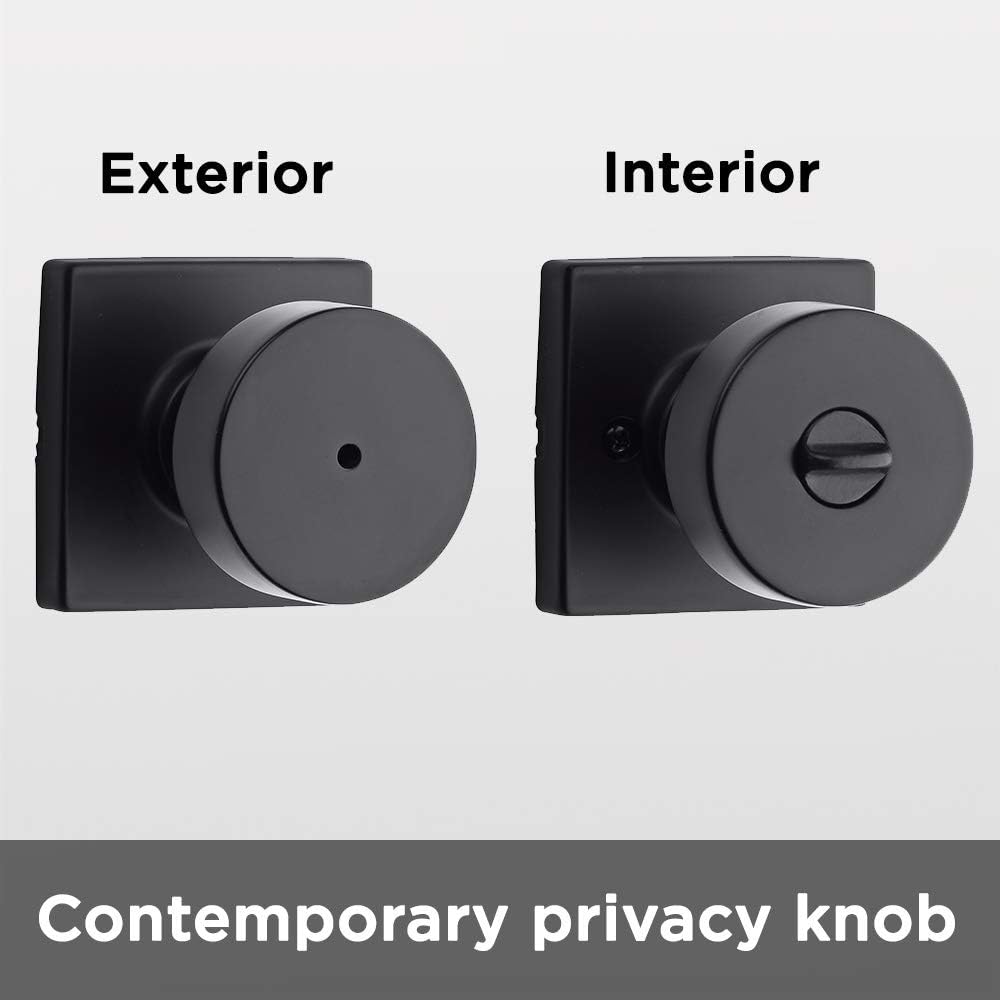 Matte Black Kwikset Pismo Door Knob with Keyless Lock for Bathroom and Bedroom, Square Rose Design, Microban Protection - WildKart