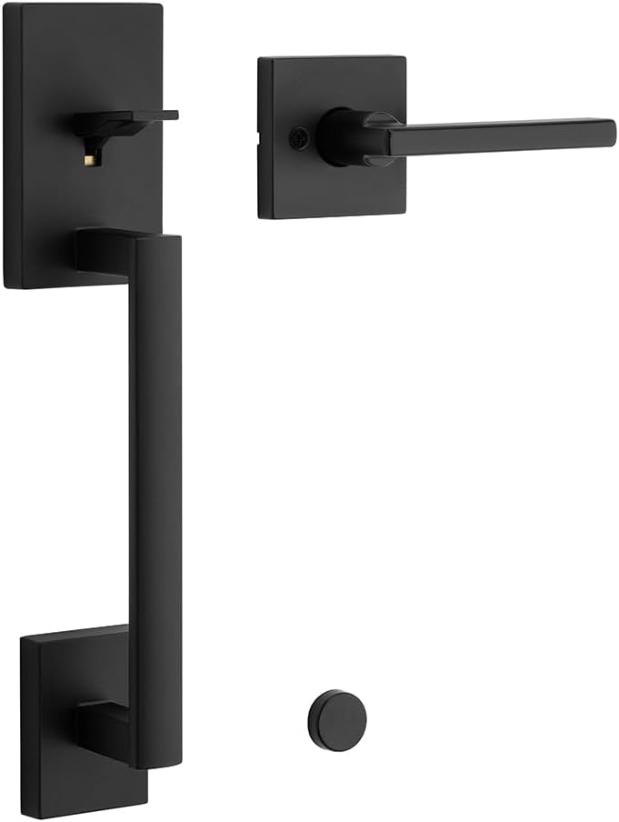 Matte Black Kwikset San Clemente Front Door Handle Set with Reversible Lever - Non-Locking, Microban Protection - Deadbolt Not Included - WildKart