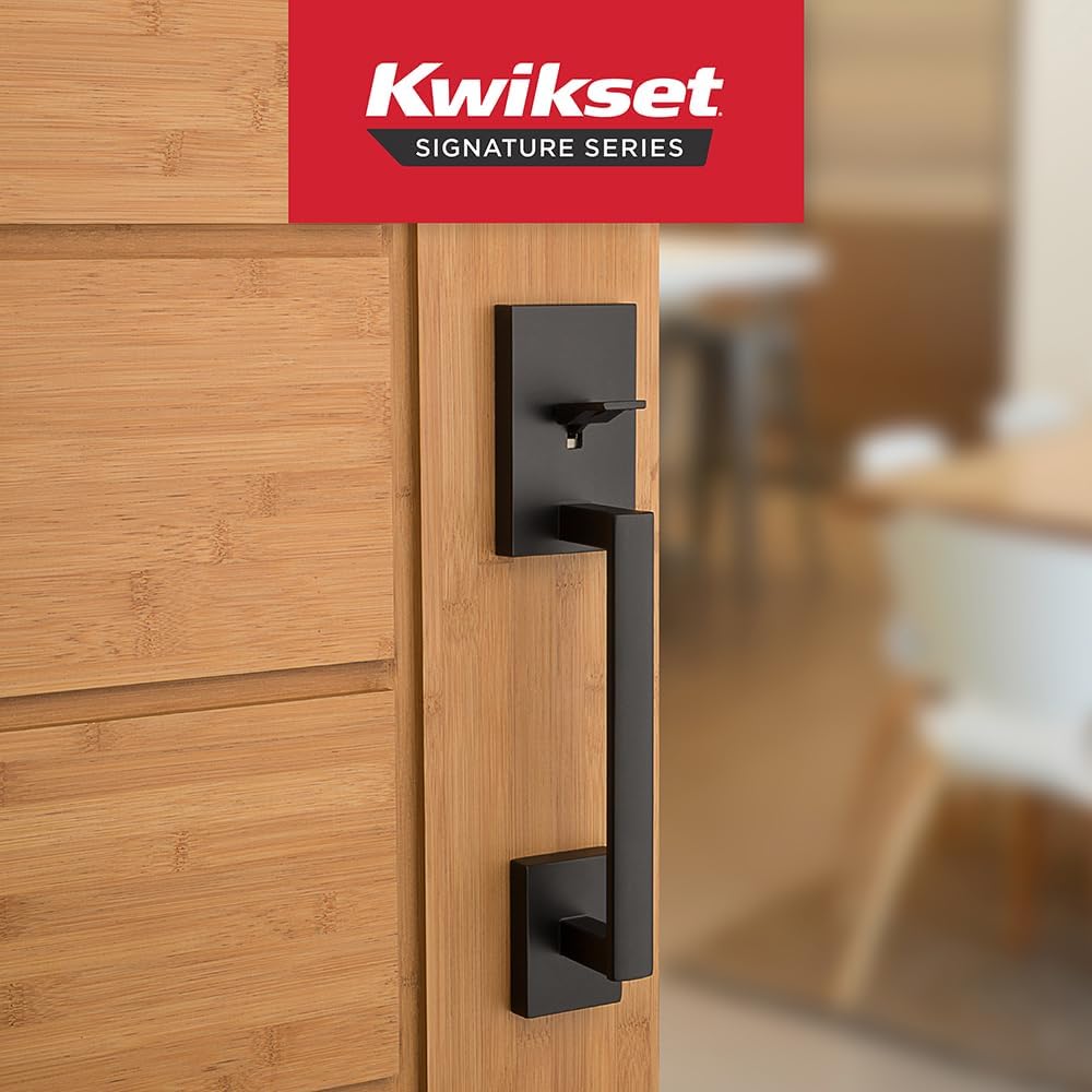 Matte Black Kwikset San Clemente Front Door Handle Set with Reversible Lever - Non-Locking, Microban Protection - Deadbolt Not Included - WildKart