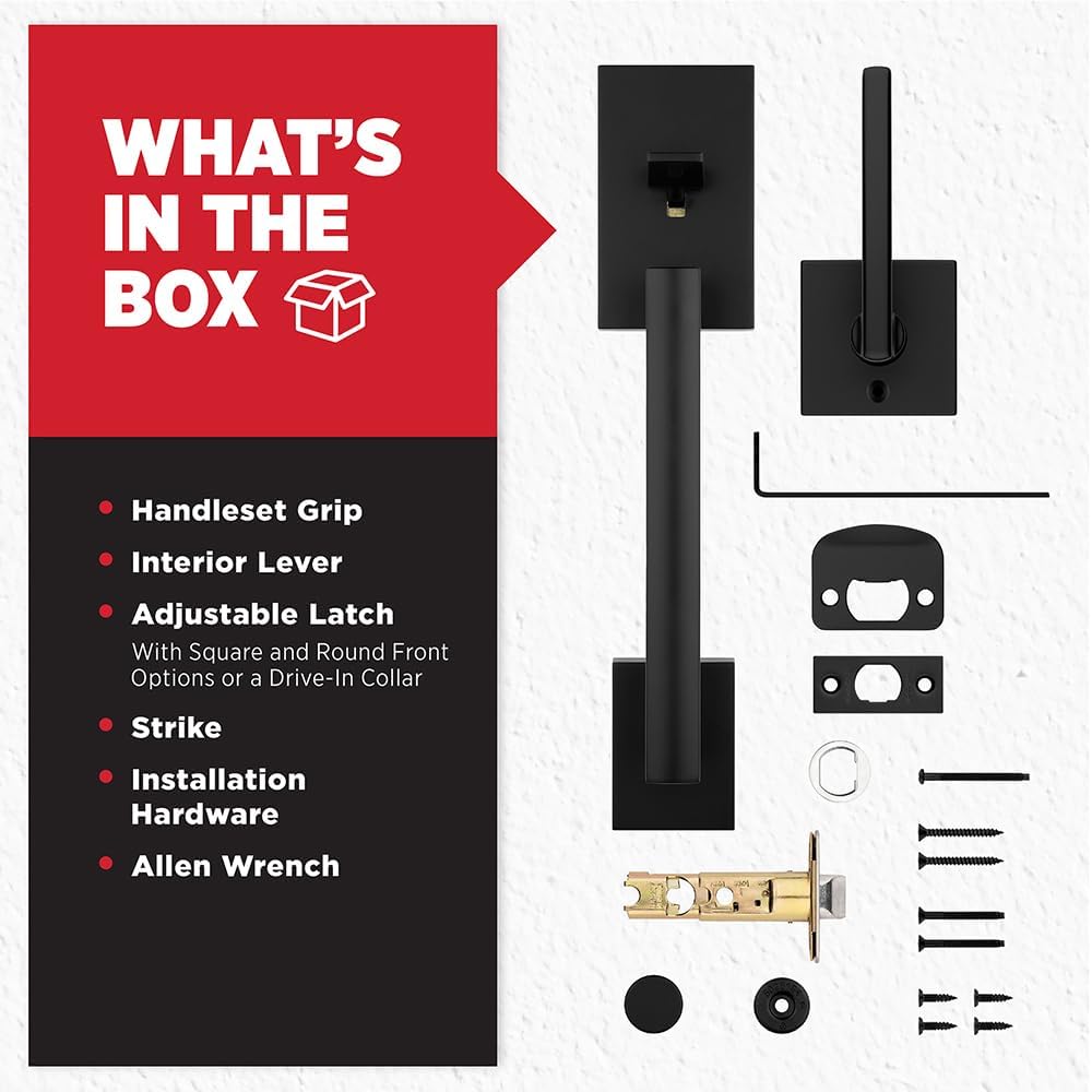 Matte Black Kwikset San Clemente Front Door Handle Set with Reversible Lever - Non-Locking, Microban Protection - Deadbolt Not Included - WildKart