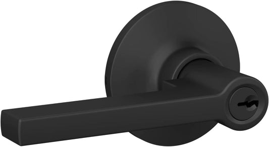 Matte Black Lock Scout Straight Lever Keyed Entry Door Handle with Round Trim