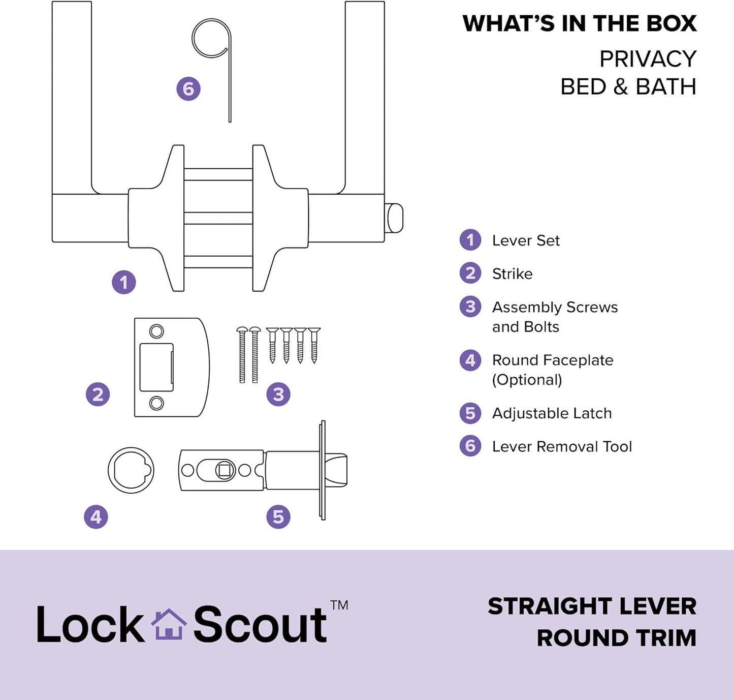 Matte Black Lock Scout Straight Lever Round Trim Bedroom Bathroom Door Handle