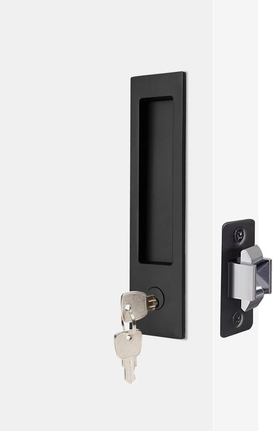 Matte Black Narrow Modern Rectangular Pocket Door Handle with Lock - Keyed Entry Function for 1 3/8” to 2 3/16” Thickness Doors - Pull Latch for Bedrooms/Bathrooms - Recessed Sliding Door Hardware (Set of 2)