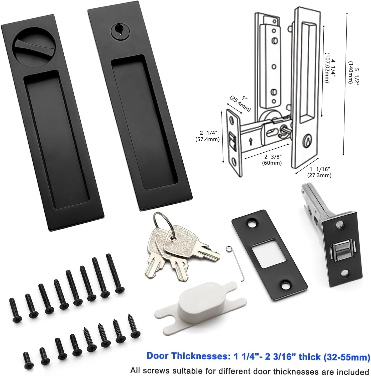 Matte Black Narrow Modern Rectangular Pocket Door Handle with Lock - Keyed Entry Function for 1 3/8” to 2 3/16” Thickness Doors - Pull Latch for Bedrooms/Bathrooms - Recessed Sliding Door Hardware (Set of 2)