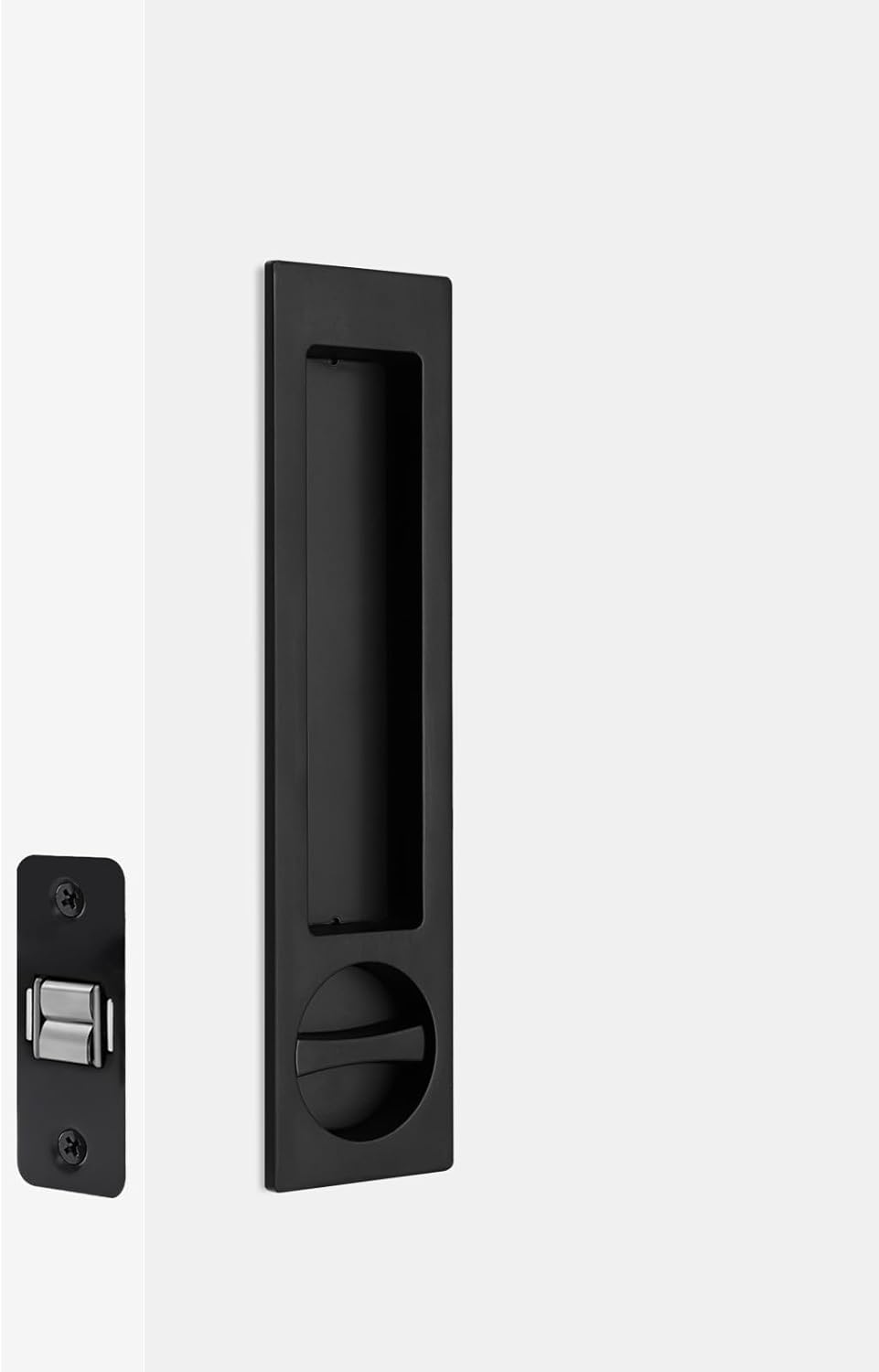 Matte Black Narrow Modern Rectangular Pocket Door Handle with Lock - Keyed Entry Function for 1 3/8” to 2 3/16” Thickness Doors - Pull Latch for Bedrooms/Bathrooms - Recessed Sliding Door Hardware (Set of 2)