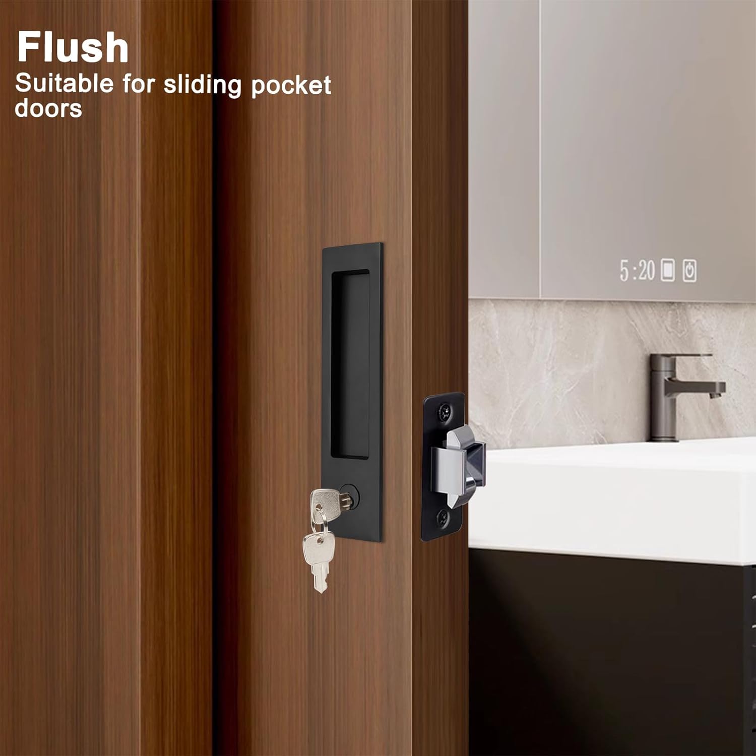 Matte Black Narrow Modern Rectangular Pocket Door Handle with Lock - Keyed Entry Function for 1 3/8” to 2 3/16” Thickness Doors