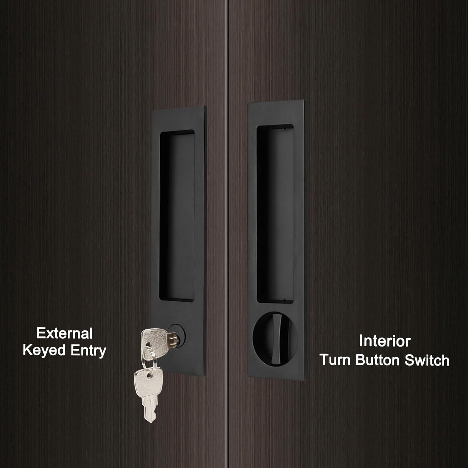 Matte Black Narrow Modern Rectangular Pocket Door Handle with Lock - Keyed Entry Function for 1 3/8” to 2 3/16” Thickness Doors