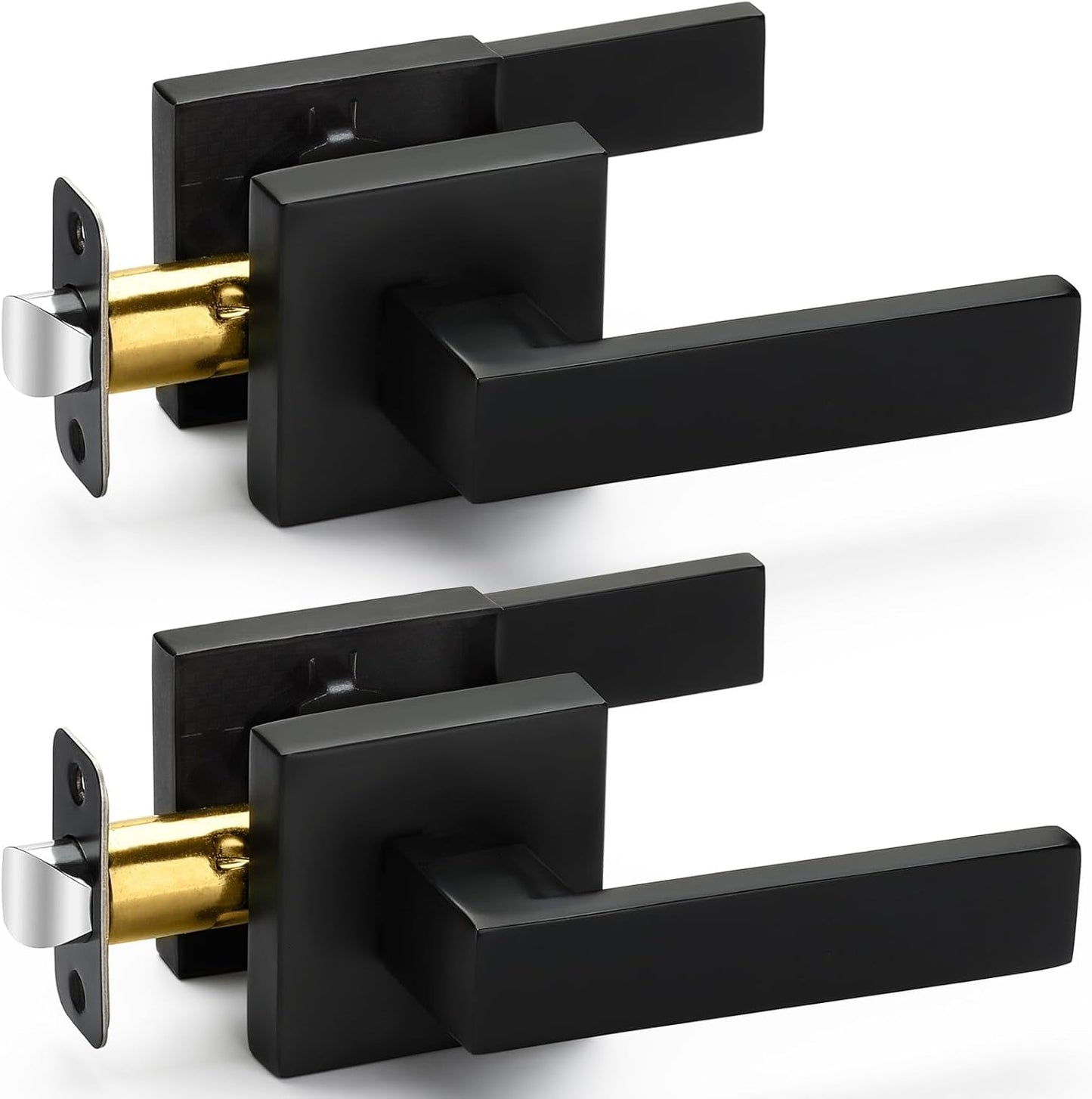 Matte Black Passage Door Handles 2 Pack - Square Interior Heavy Duty Non-Locking Knobs for Hall Closet, Reversible for Right & Left Doors