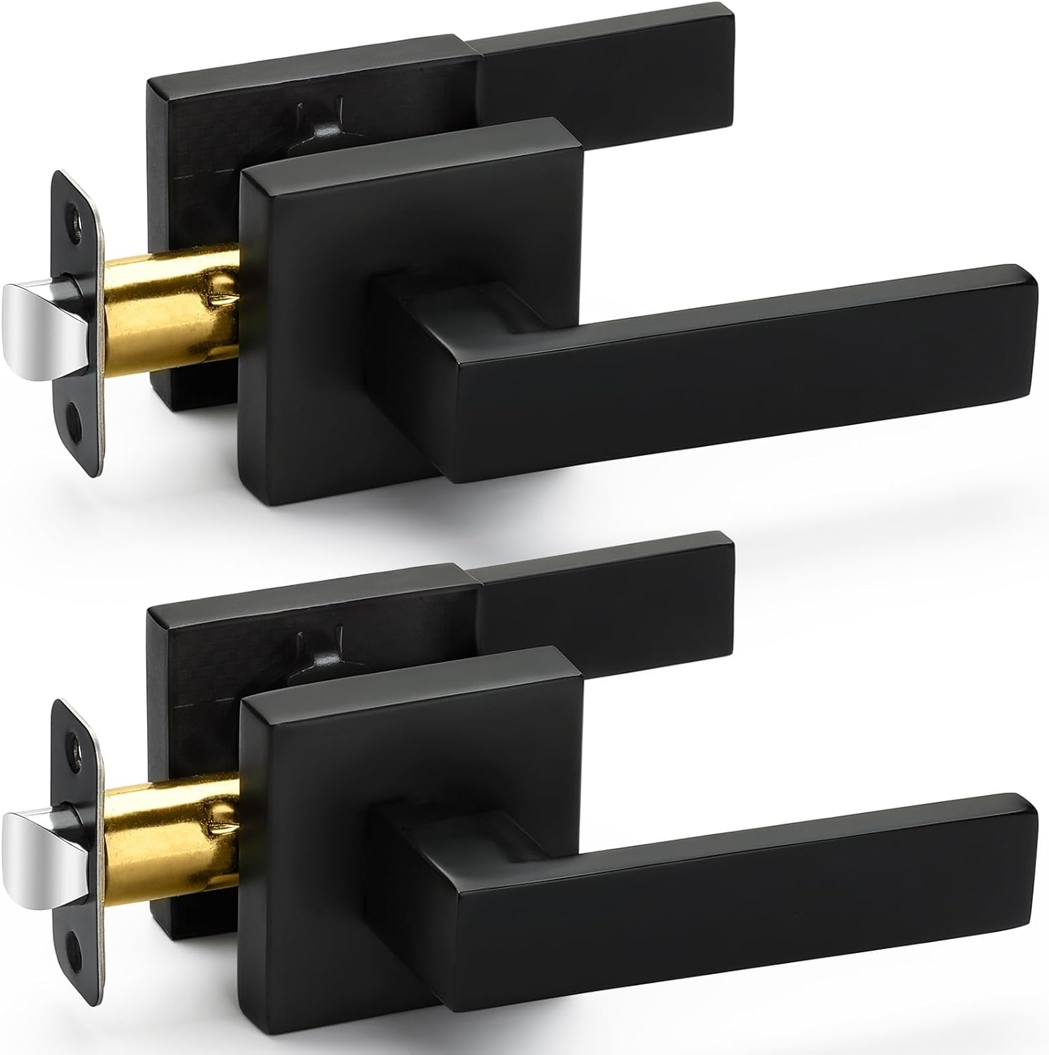 Matte Black Passage Door Handles 2 Pack - Square Interior Heavy Duty Non-Locking Knobs for Hall Closet, Reversible for Right & Left Doors