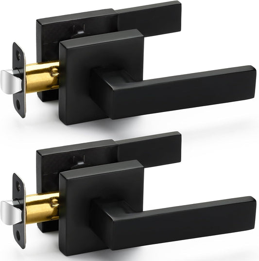 Matte Black Passage Door Handles 2 Pack - Square Interior Heavy Duty Non-Locking Knobs for Hall Closet, Reversible for Right & Left Doors