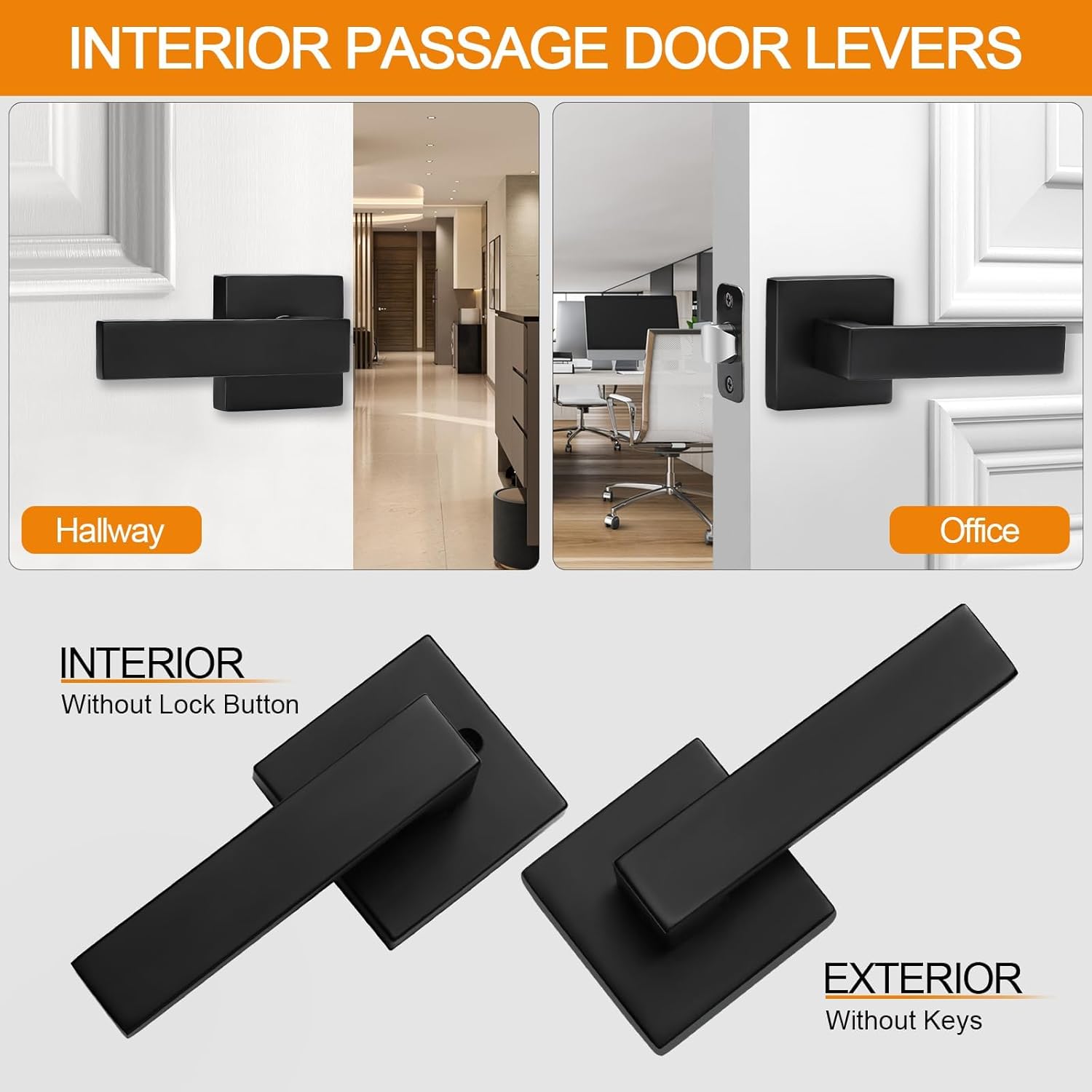 Matte Black Passage Door Handles 2 Pack - Square Interior Heavy Duty Non-Locking Knobs for Hall Closet, Reversible for Right & Left Doors