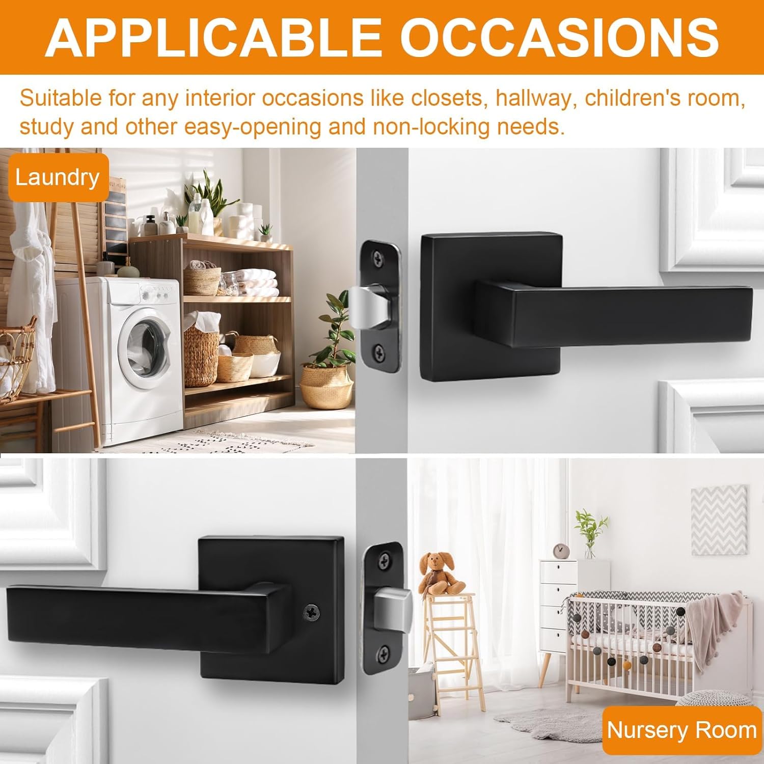 Matte Black Passage Door Handles 2 Pack - Square Interior Heavy Duty Non-Locking Knobs for Hall Closet, Reversible for Right & Left Doors