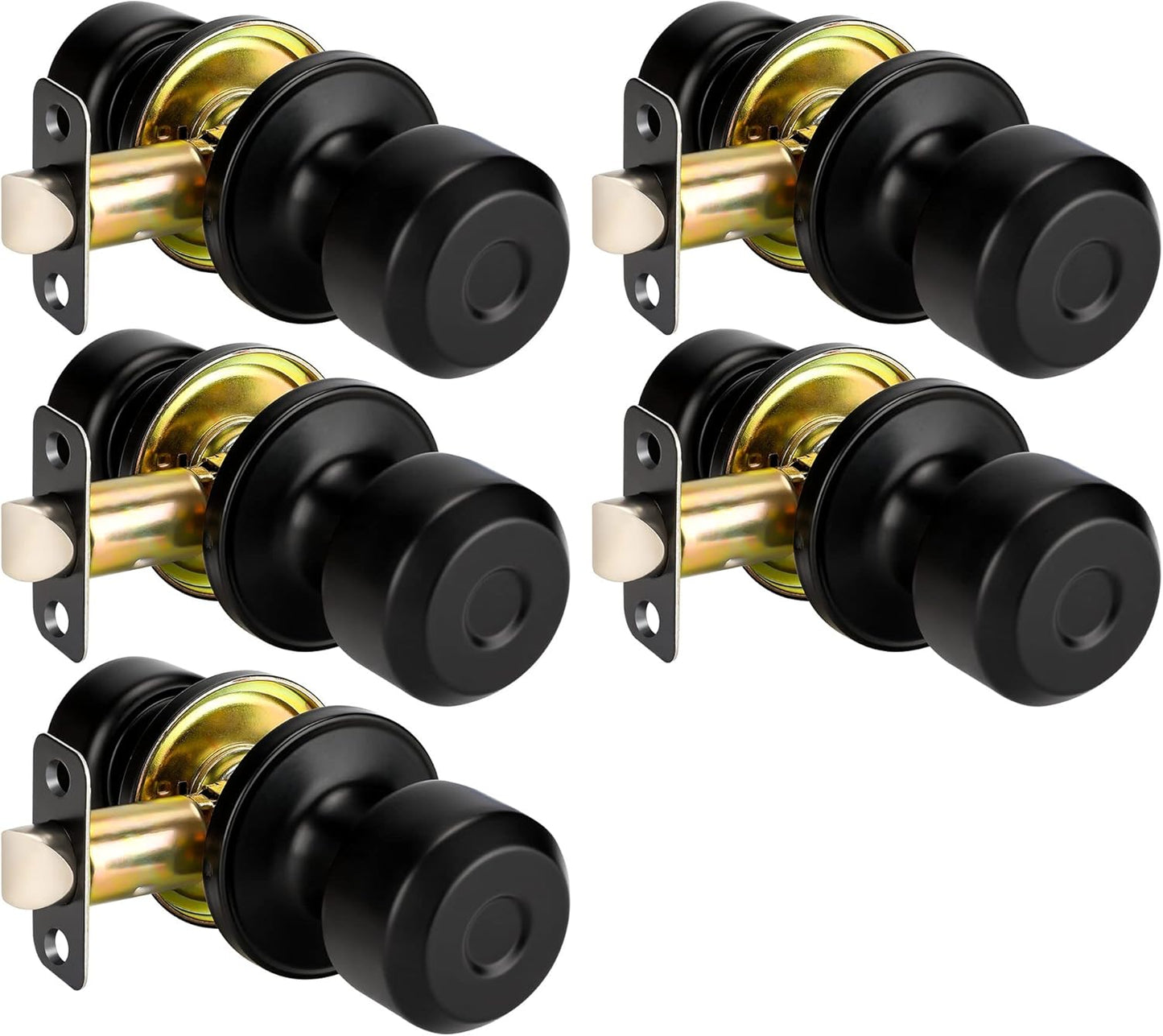 Matte Black Passage Door Knobs Set for Hallway and Closet - Round Knob Faceplate Design (5 Pack)