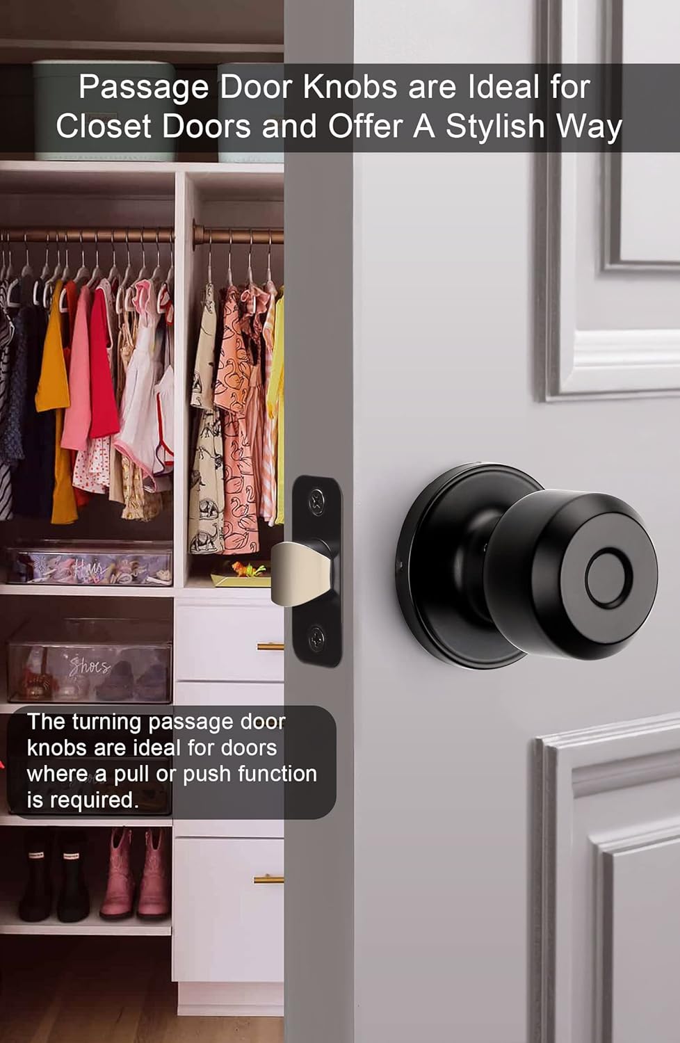 Matte Black Passage Door Knobs Set for Hallway and Closet - Round Knob Faceplate Design (5 Pack)