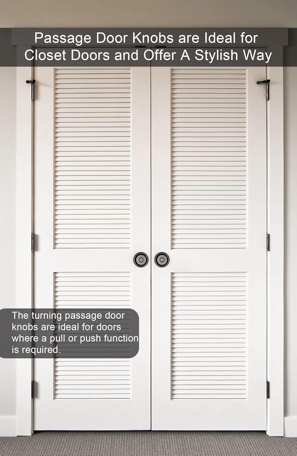 Matte Black Passage Door Knobs Set for Hallway and Closet - Round Knob Faceplate Design (5 Pack)