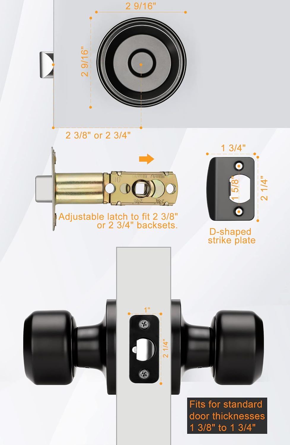 Matte Black Passage Door Knobs Set for Hallway and Closet - Round Knob Faceplate Design (5 Pack)