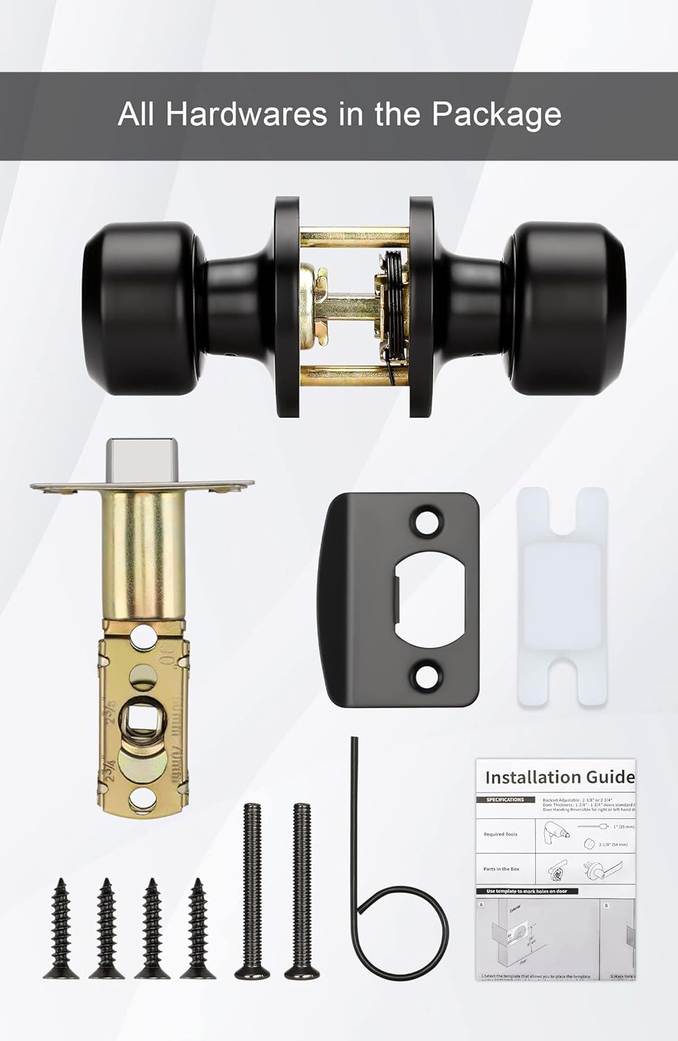 Matte Black Passage Door Knobs Set for Hallway and Closet - Round Knob Faceplate Design (5 Pack)