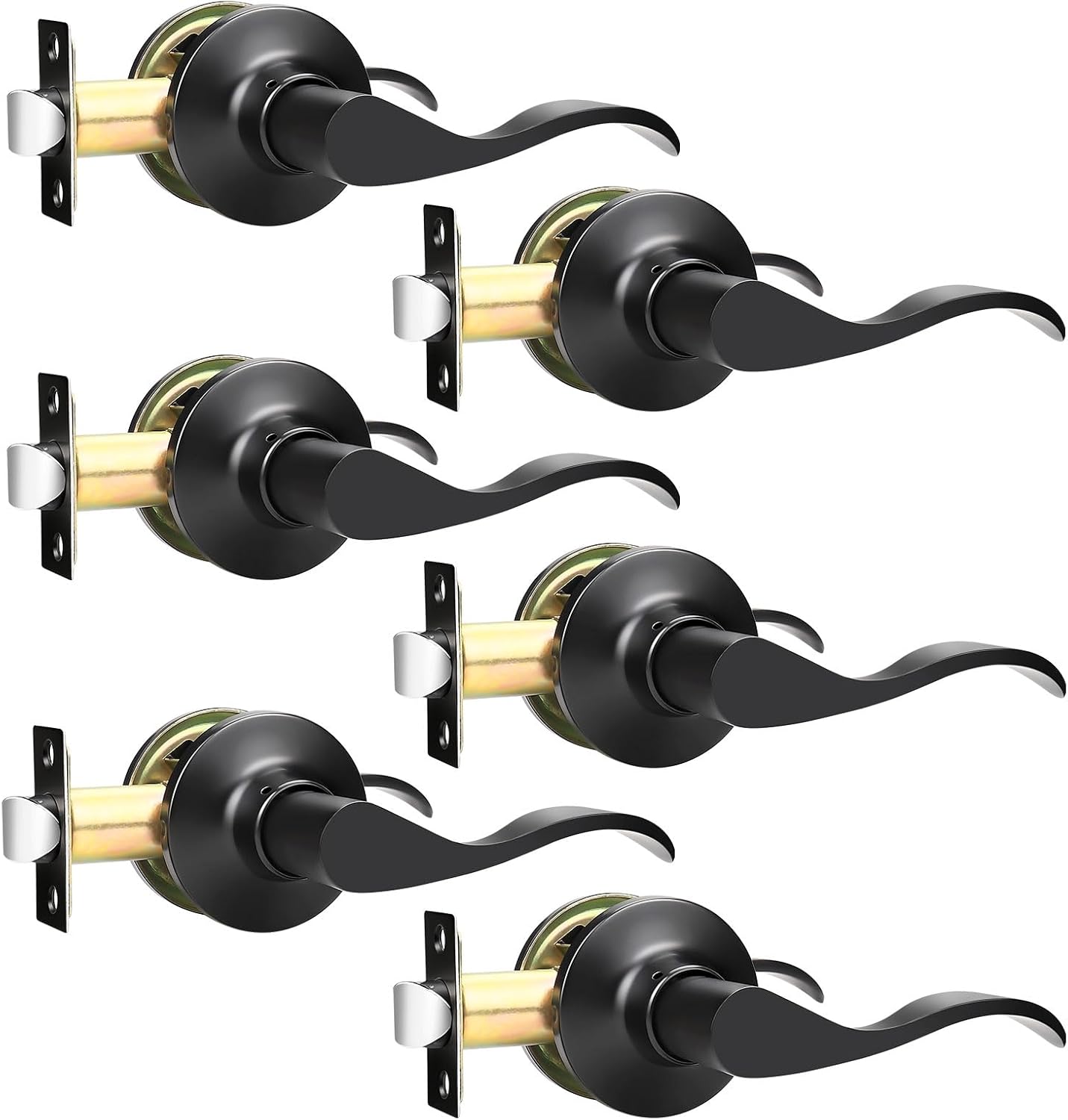Matte Black Passage Lever Door Handle Set - 6 Pack Interior Wave Door Levers for Closet with Keyless Lock