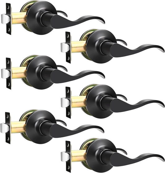 Matte Black Passage Lever Door Handle Set - 6 Pack Interior Wave Door Levers for Closet with Keyless Lock