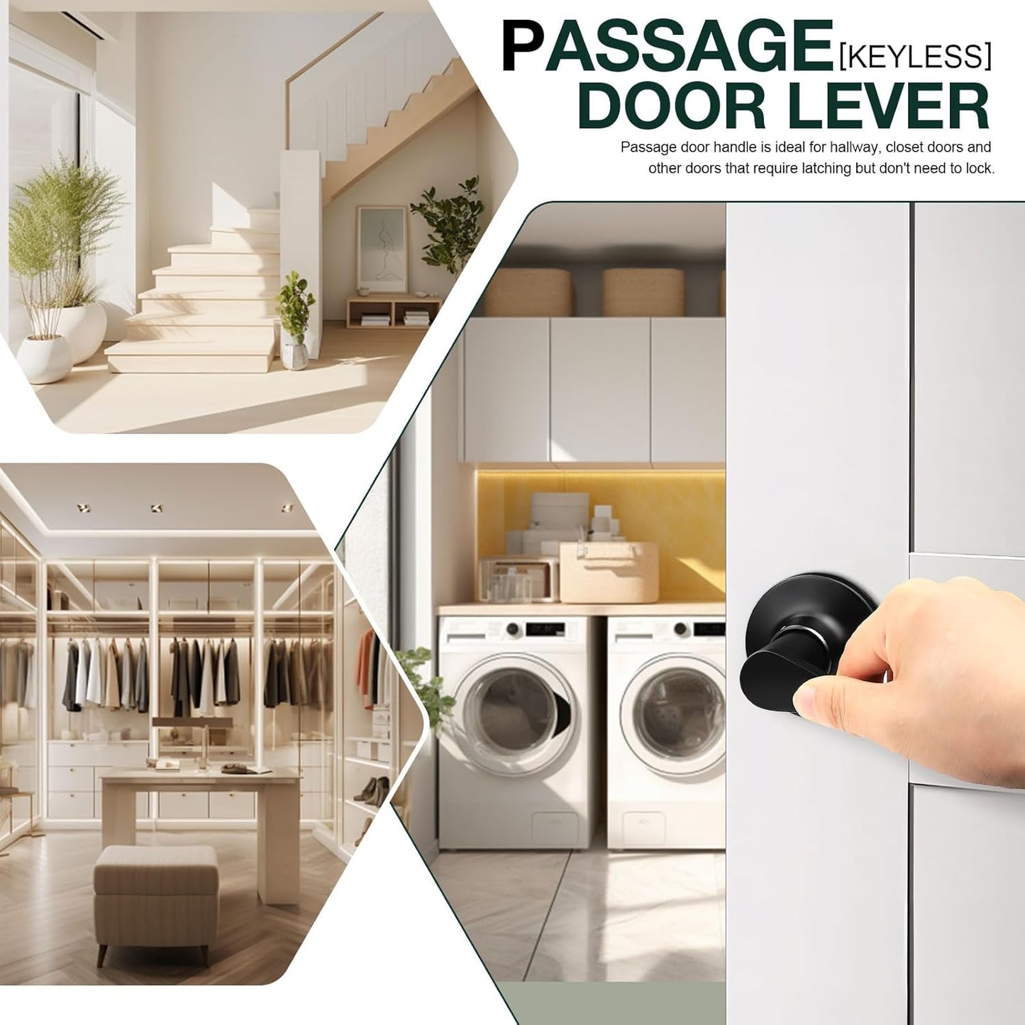 Matte Black Passage Lever Door Handle Set - 6 Pack Interior Wave Door Levers for Closet with Keyless Lock