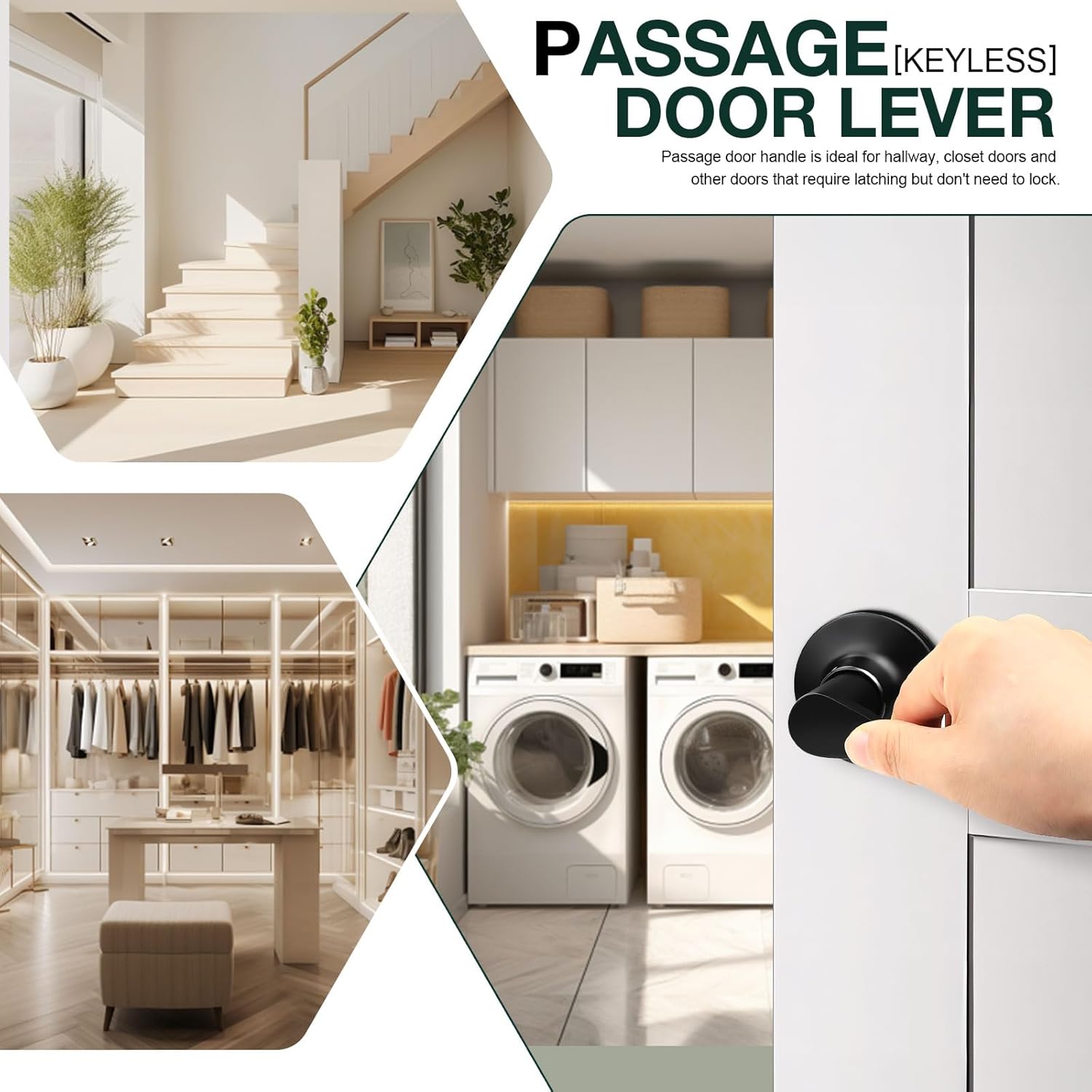 Matte Black Passage Lever Door Handle Set - 6 Pack Interior Wave Door Levers for Closet with Keyless Lock