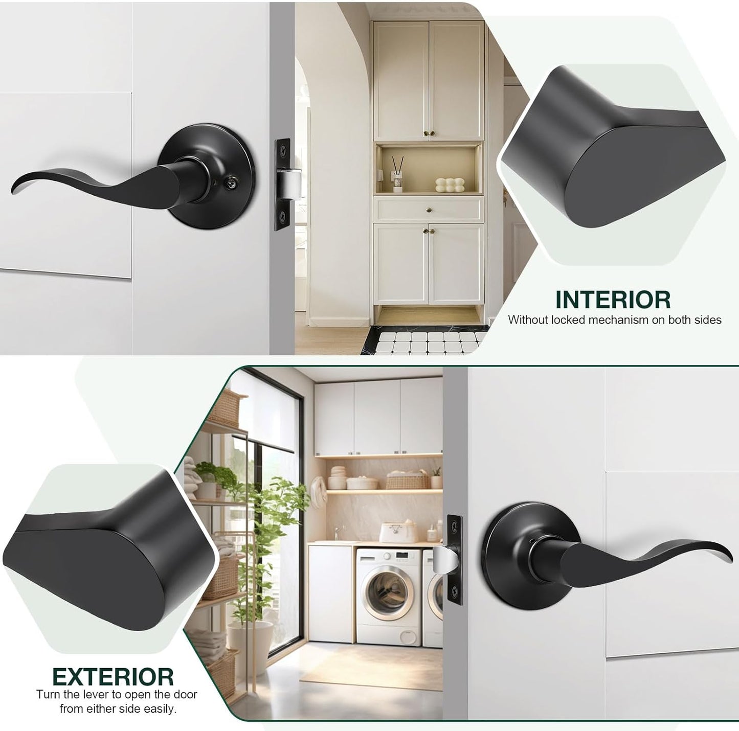 Matte Black Passage Lever Door Handle Set - 6 Pack Interior Wave Door Levers for Closet with Keyless Lock