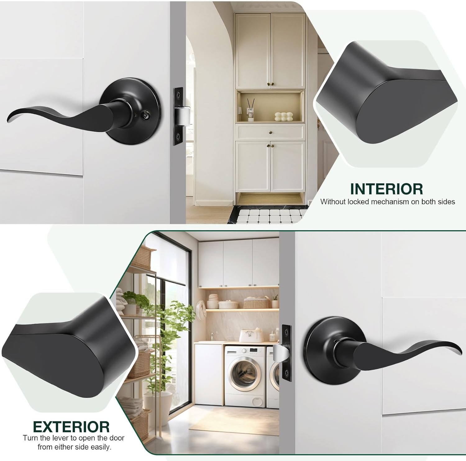 Matte Black Passage Lever Door Handle Set - 6 Pack Interior Wave Door Levers for Closet with Keyless Lock