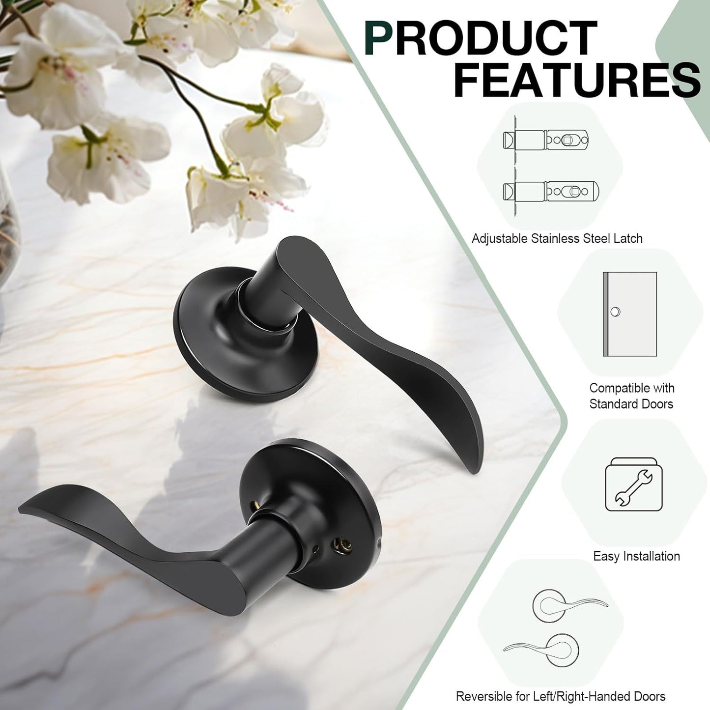 Matte Black Passage Lever Door Handle Set - 6 Pack Interior Wave Door Levers for Closet with Keyless Lock