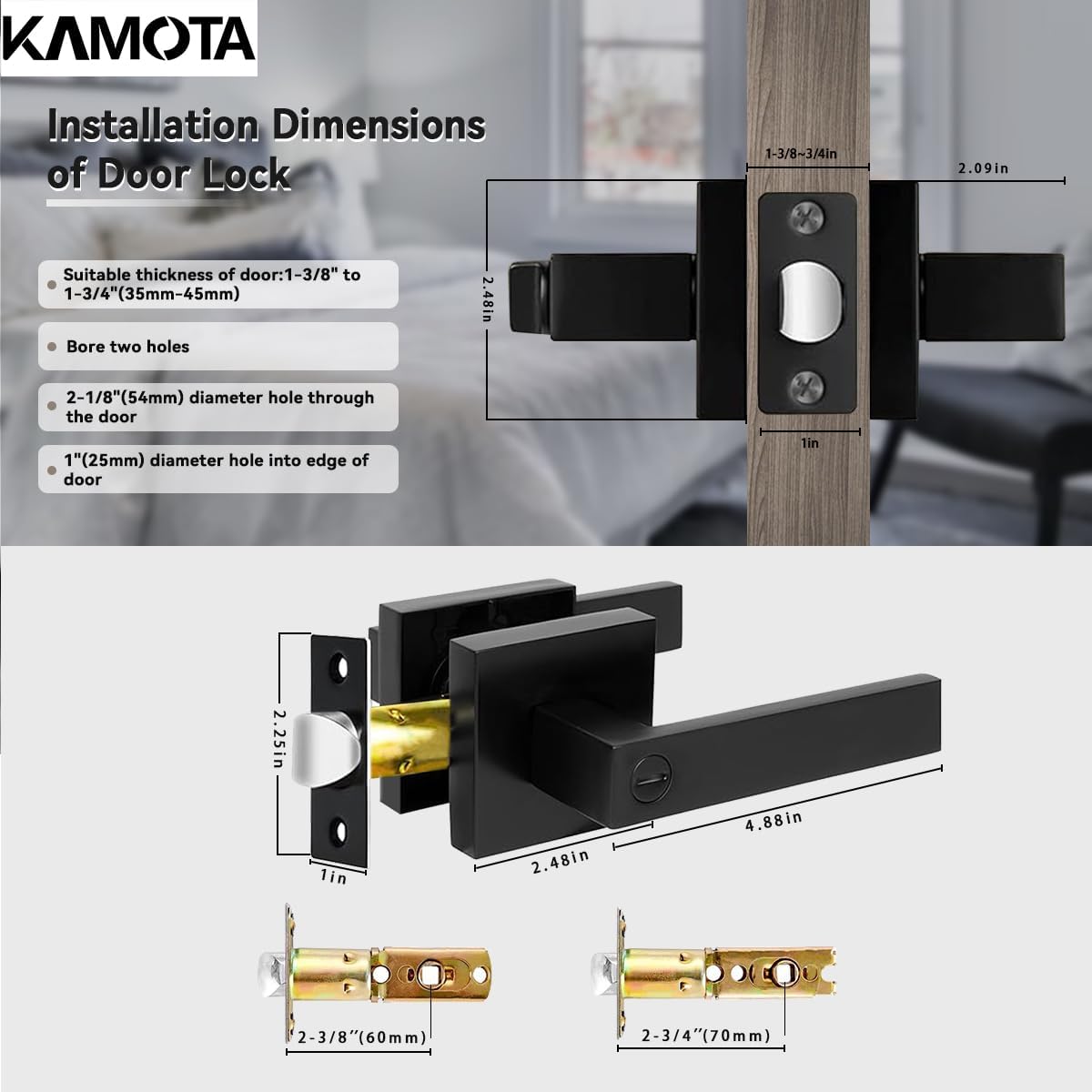 Matte Black Privacy Door Levers Set - Keyless Bed & Bath Locks for Left/Right Hand Reversible Installation