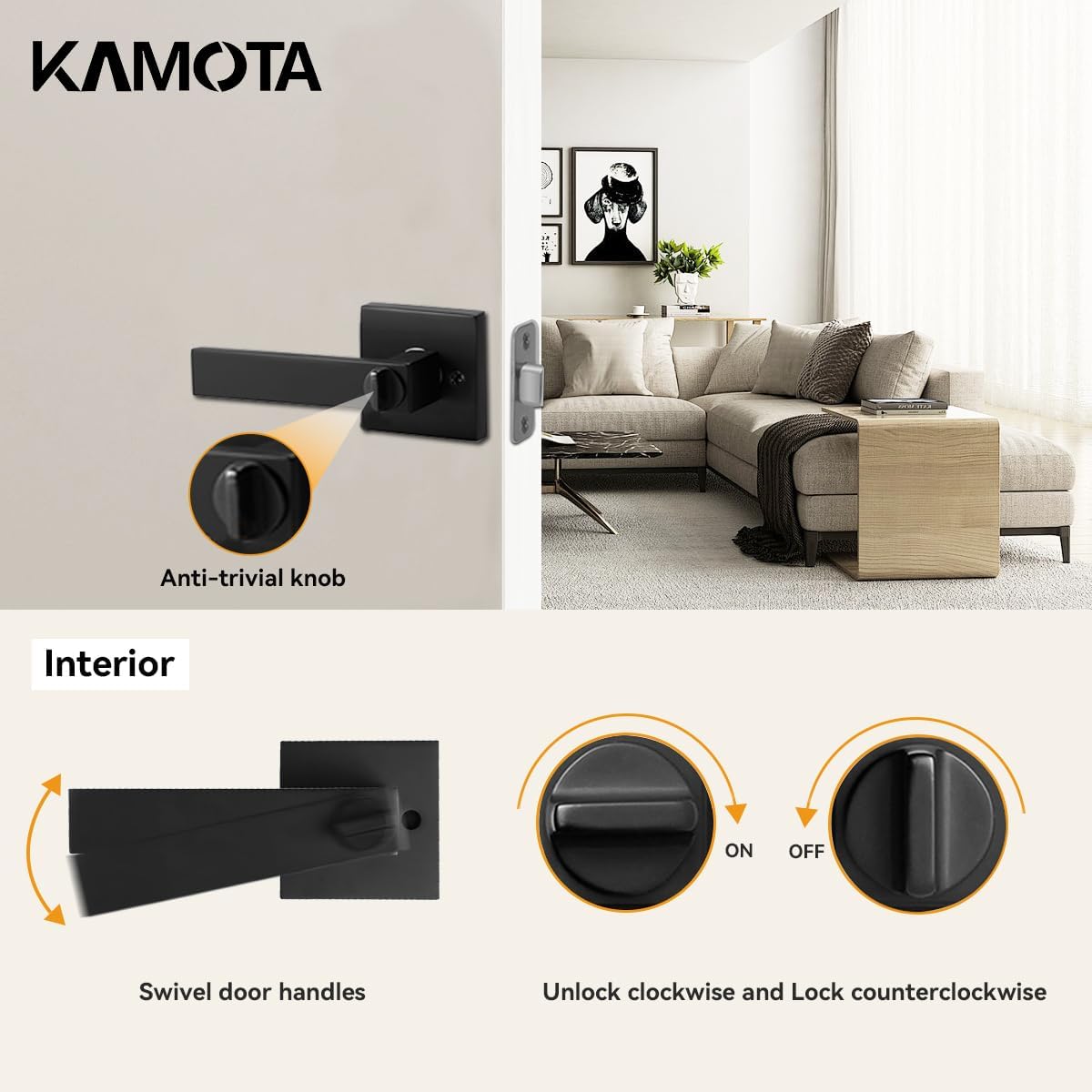Matte Black Privacy Door Levers Set - Keyless Bed & Bath Locks for Left/Right Hand Reversible Installation